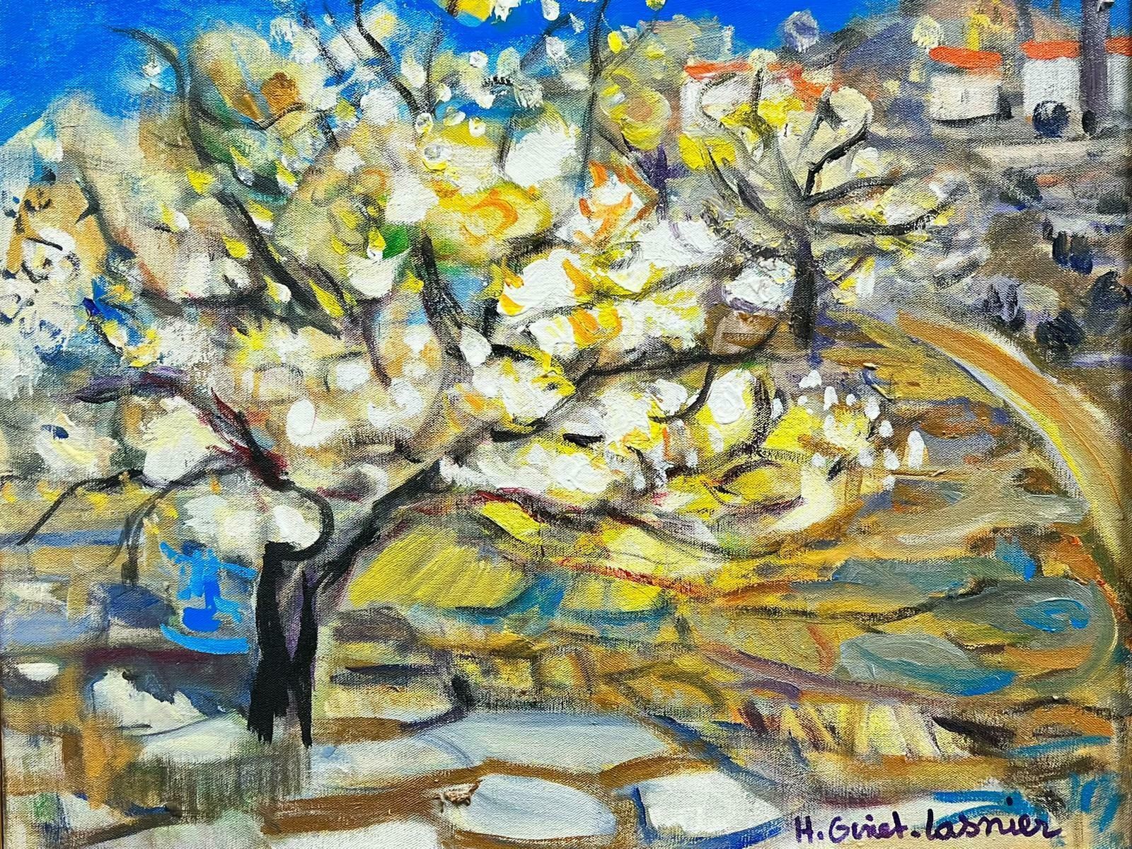 Huguette Ginet Lasnier Blossom Trees Provence Landscape French Modernist Signed Painting Blue Skiesc. 2000's photo Art
