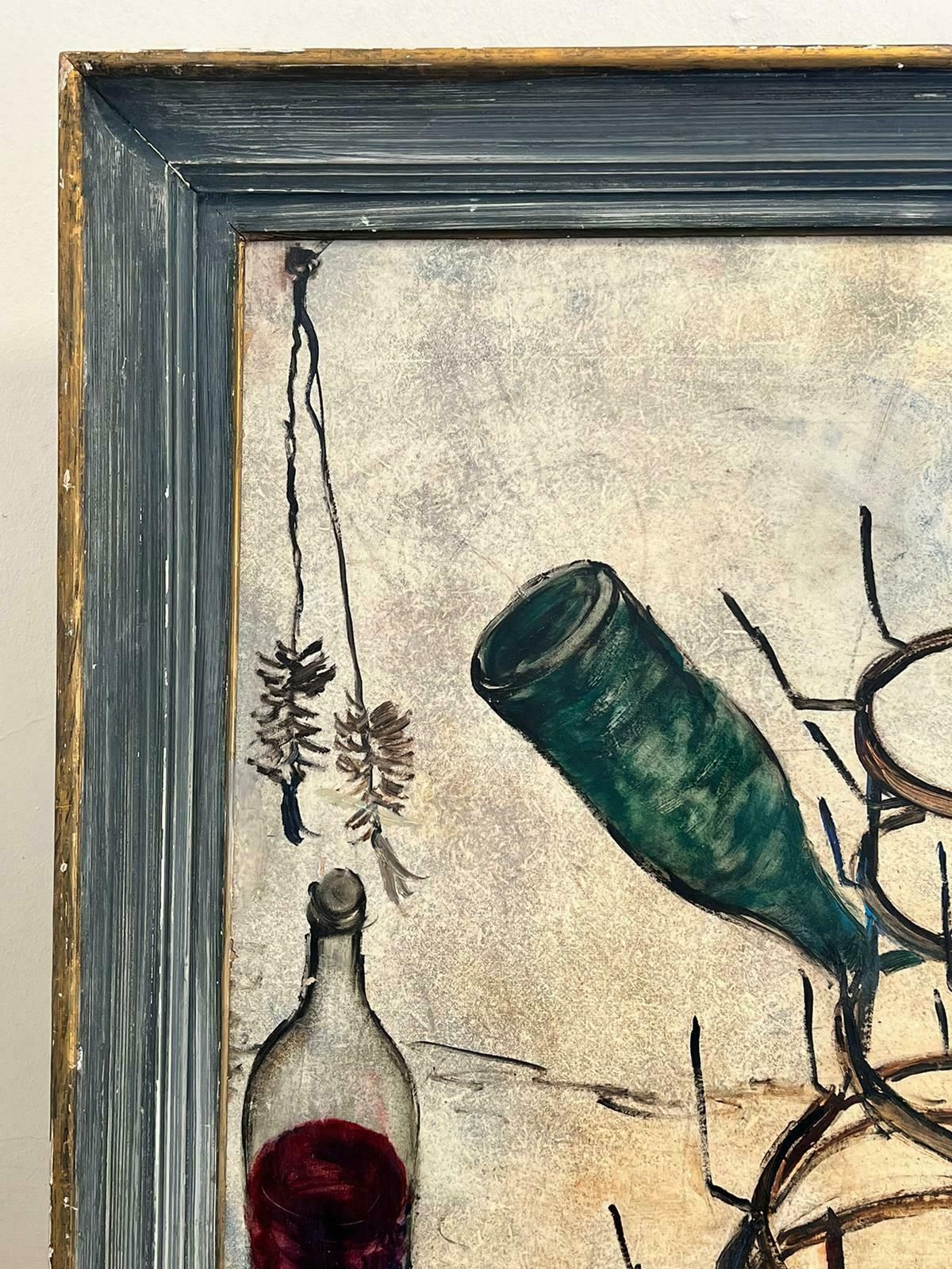 1960’s French Expressionist Oil Wine Bottles Drying On Metal Rack1960’s photo vinterior