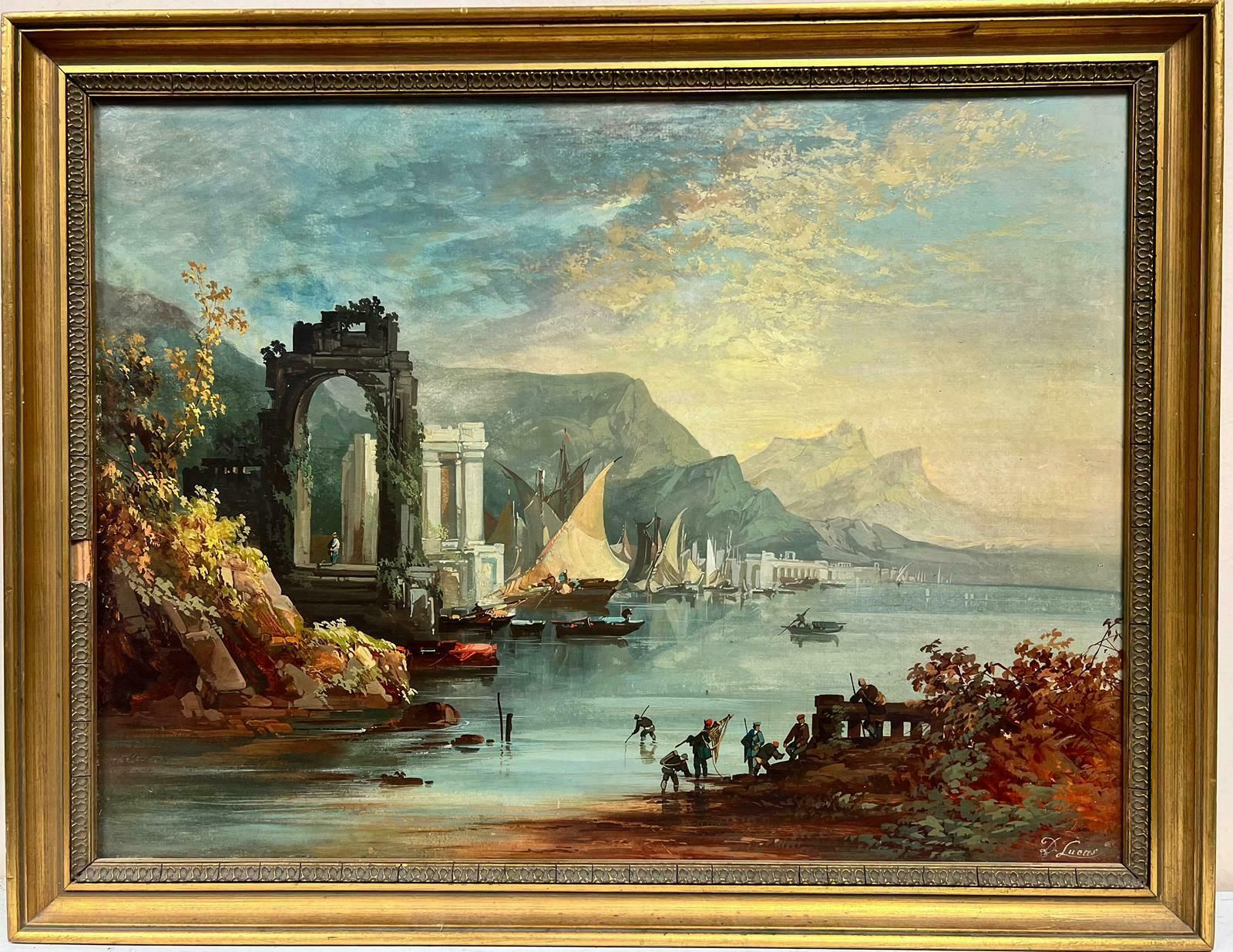 D.Lucaslarge Marine Oil Painting Continental Harbour Merchants & Fishermen Trading