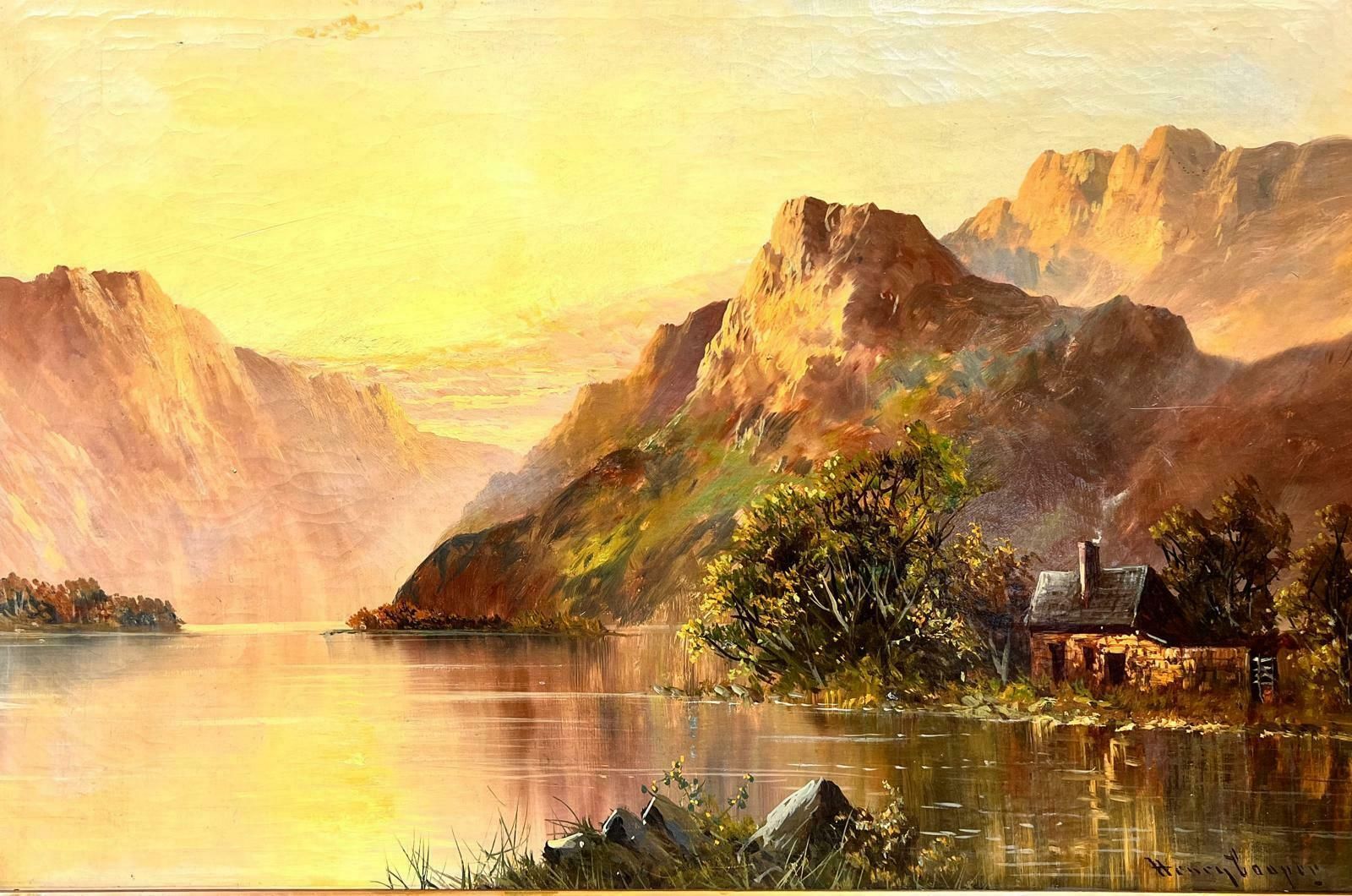 Henry Coopersunset Scottish Highland Loch Scene With Cottage Antique Signed Oil photo furniture