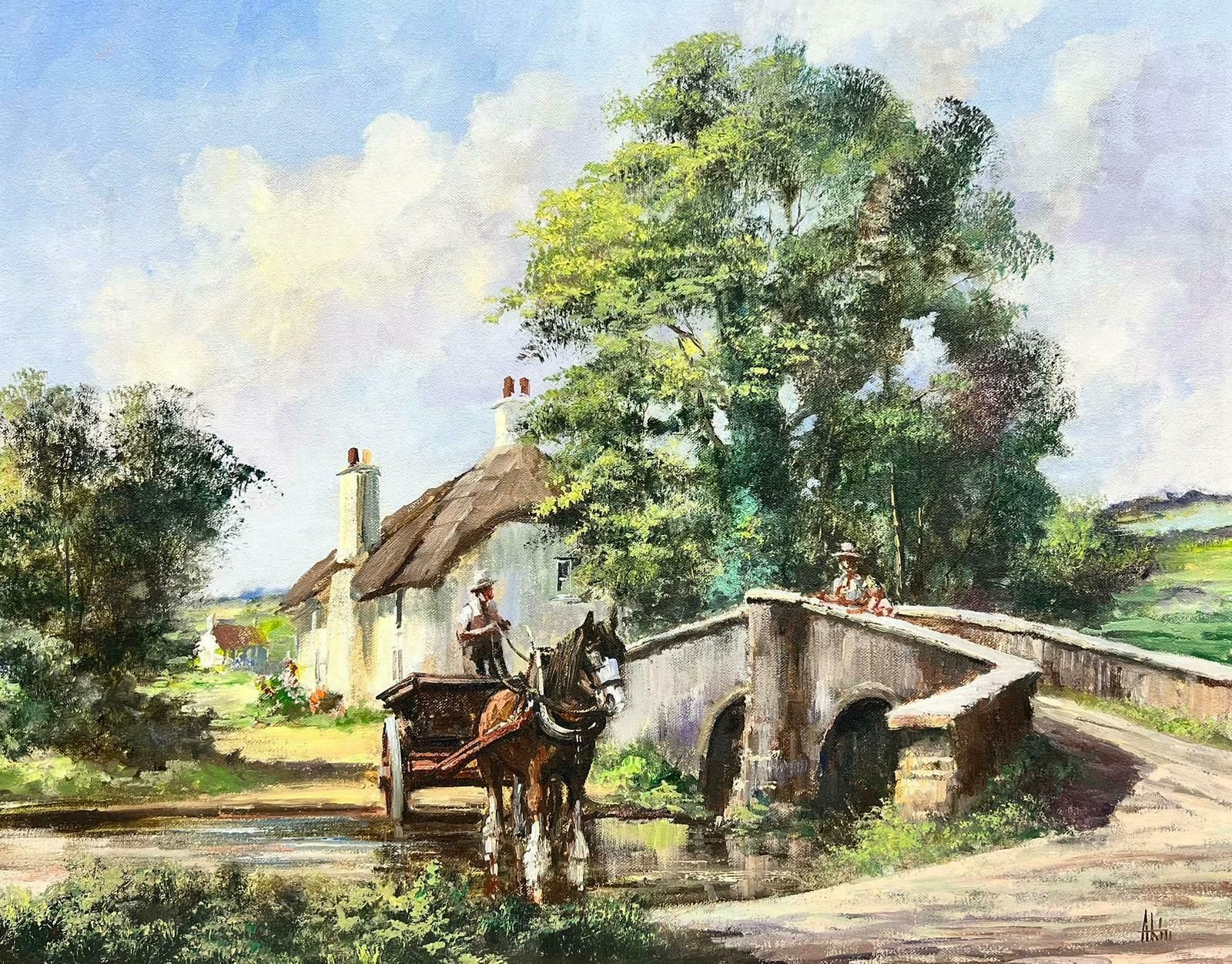 Alan Kingtraditional English Rural Oil Painting Horse & Cart Crossing Stream In Fields photo furniture