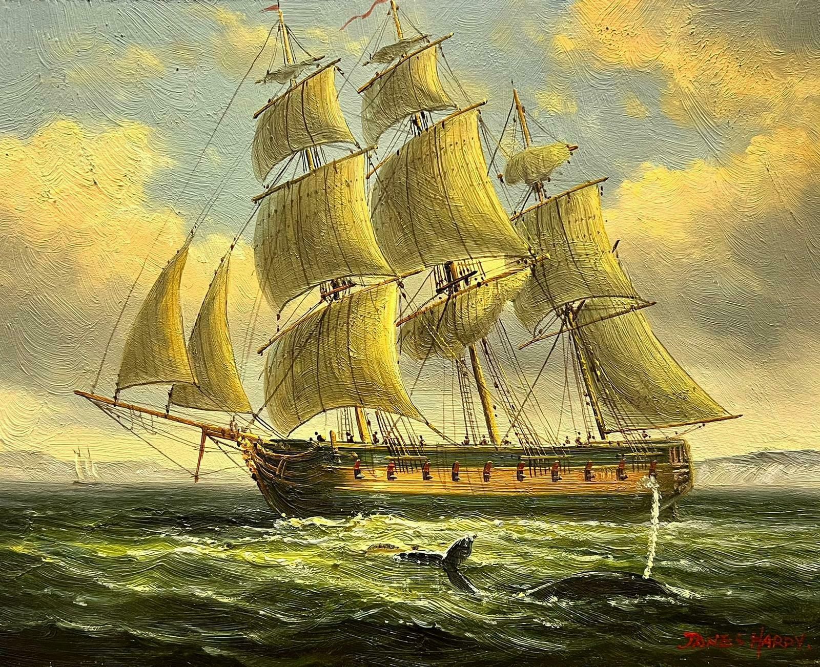 English Marineclassic Tallship At Sea With Whale In Water Off Coastline, English Oil Painting