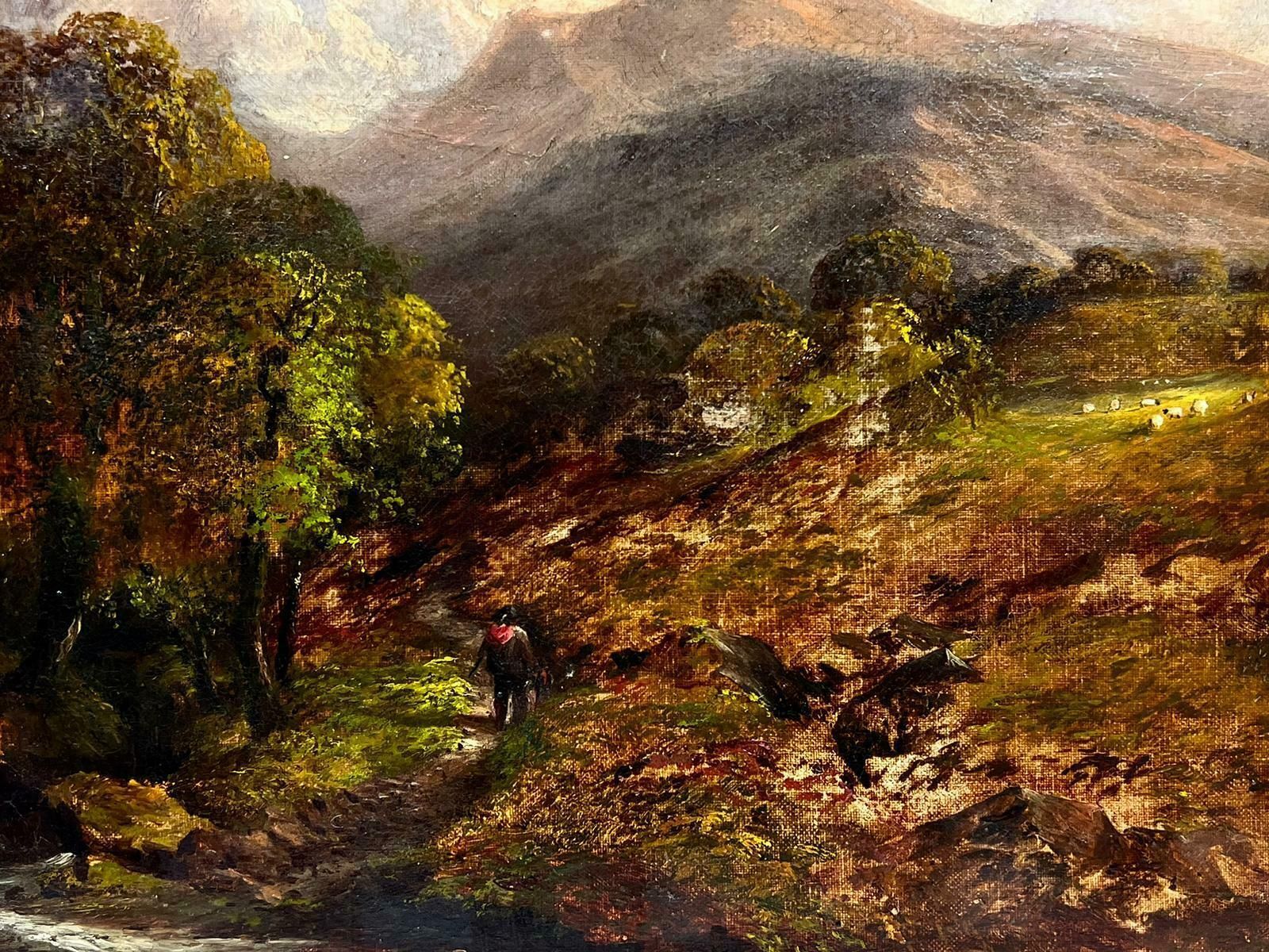 J.Greenvictorian Oil Painting Scottish Highland Landscape Figure By Stream & Sheep photo for sale