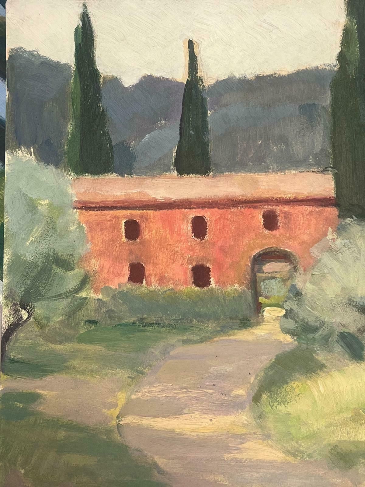 Y. Blanchon1930s French Gouache Red Arch Building In Provence Tree Landscape, Cypress Trees1930's photo furniture
