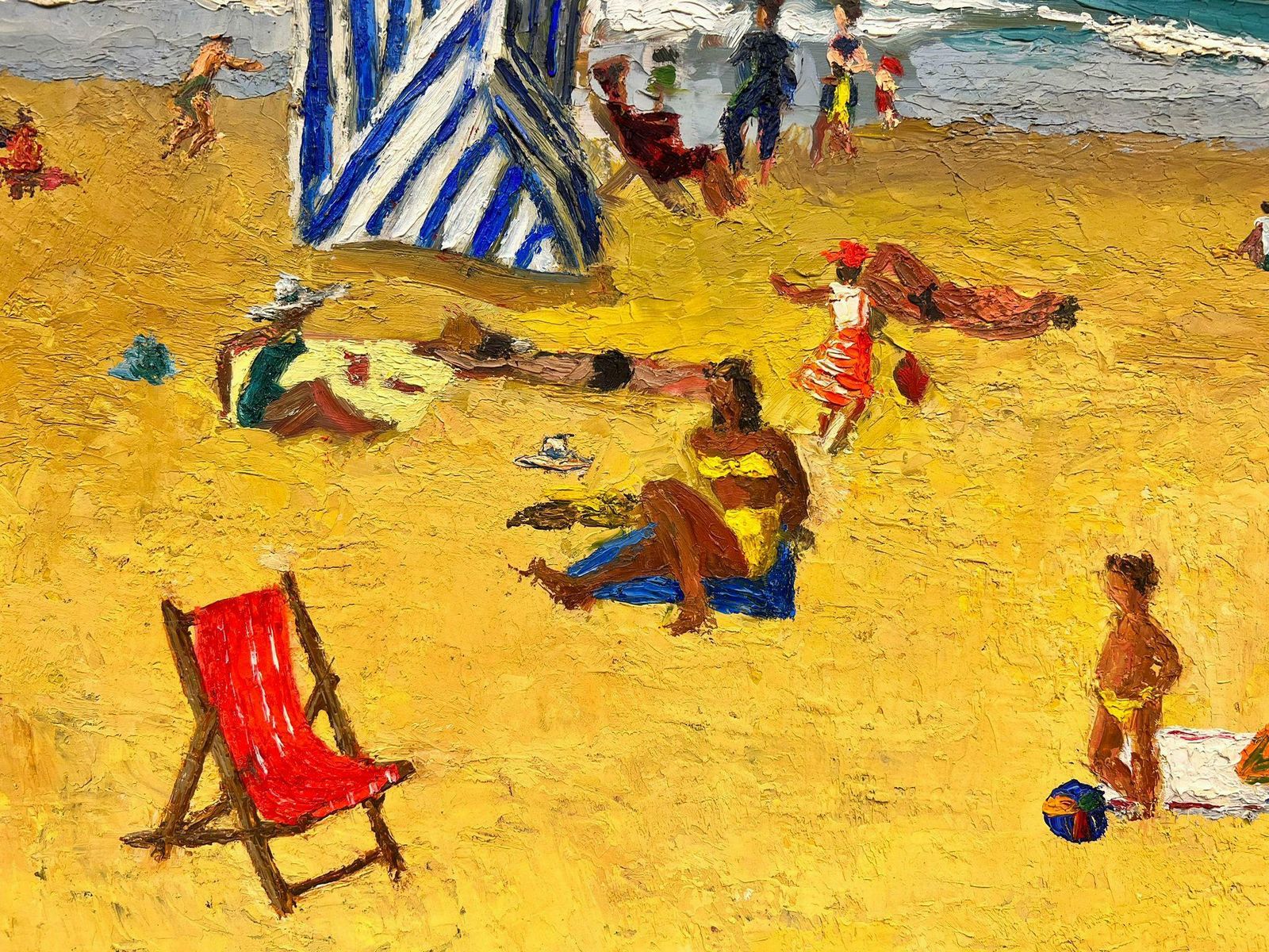 Josine Vignona Fun Day At The Beach In A Hot Summer Day Thick Impasto Oil1960's photo for sale