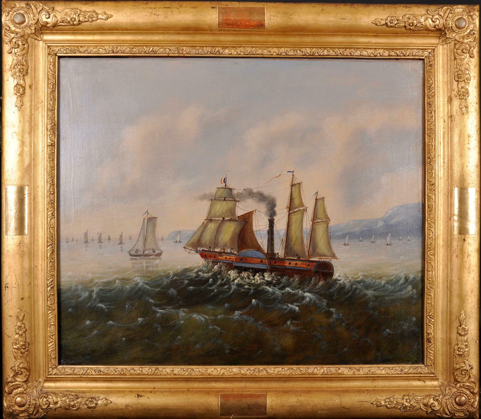 French Artistfine 19th Century French Oil Painting   Paddle Steamer Ship Choppy Waters