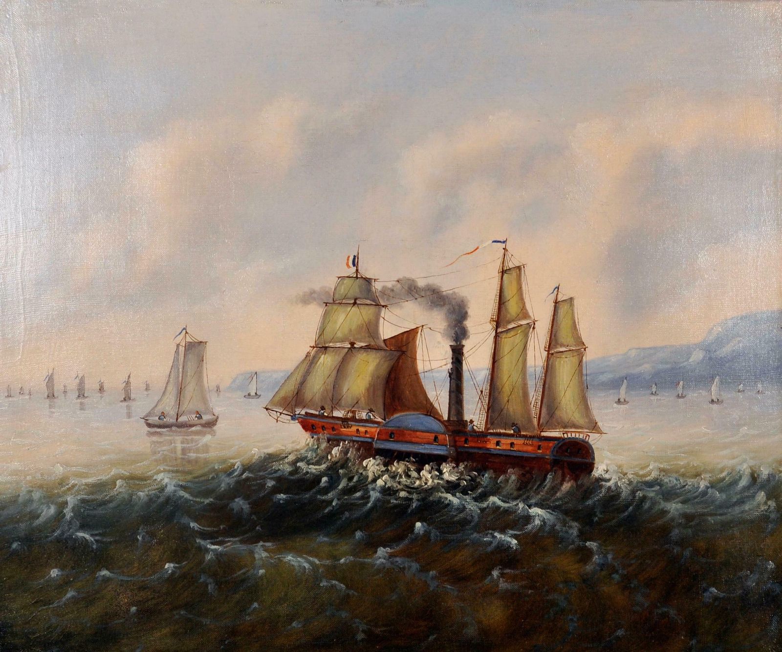French Artistfine 19th Century French Oil Painting   Paddle Steamer Ship Choppy Waters photo furniture