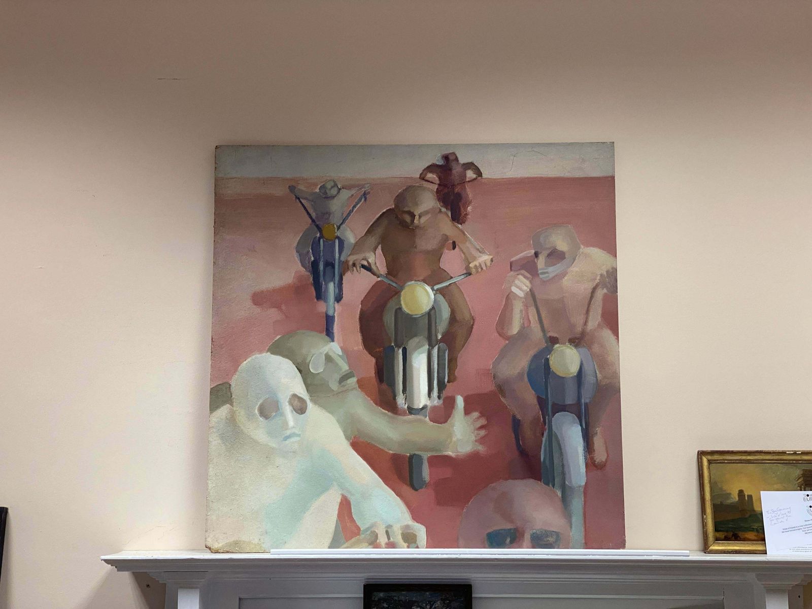 Andresmale Bikers In Desert   Huge French Surrealist Oil Painting Figurative Scene C. 1970s photo furniture