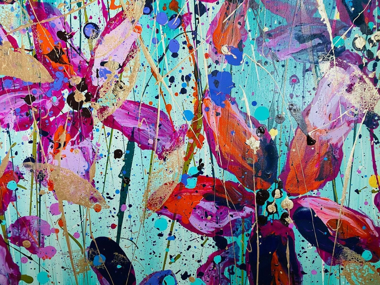 Chelsea..Hand Painted Original Acrylic Floral Art On Canvas 100cm X 75cm.Green/Pink/Red photo furniture