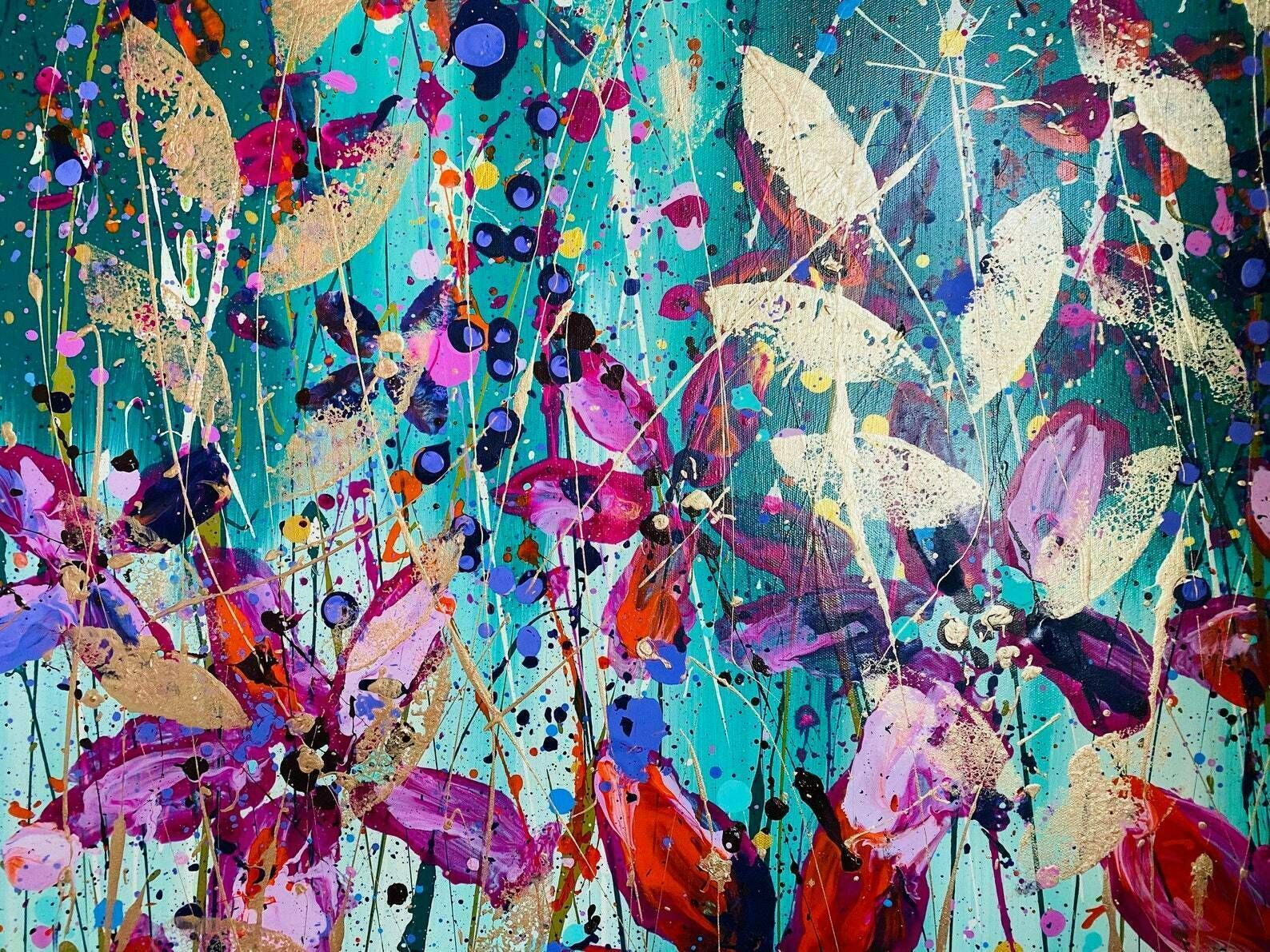Chelsea..Hand Painted Original Acrylic Floral Art On Canvas 100cm X 75cm.Green/Pink/Red photo for sale
