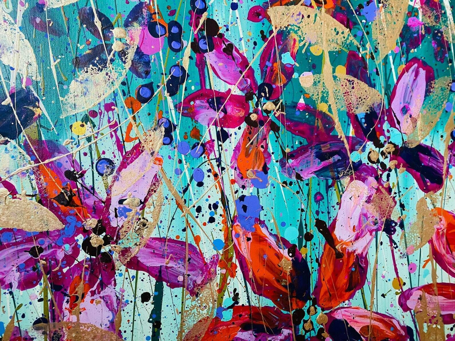 Chelsea..Hand Painted Original Acrylic Floral Art On Canvas 100cm X 75cm.Green/Pink/Red photo Art