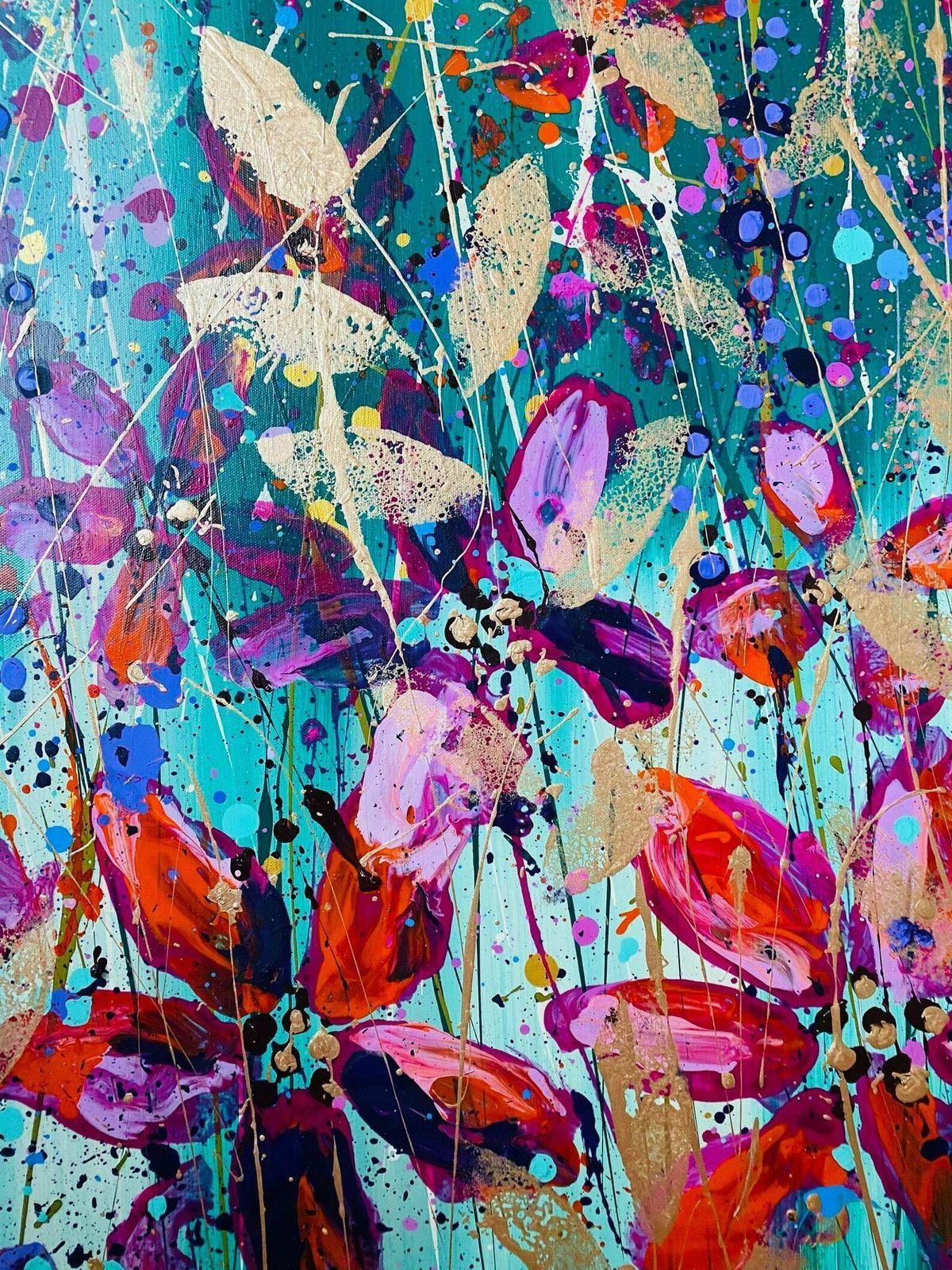 Chelsea..Hand Painted Original Acrylic Floral Art On Canvas 100cm X 75cm.Green/Pink/Red photo vintage