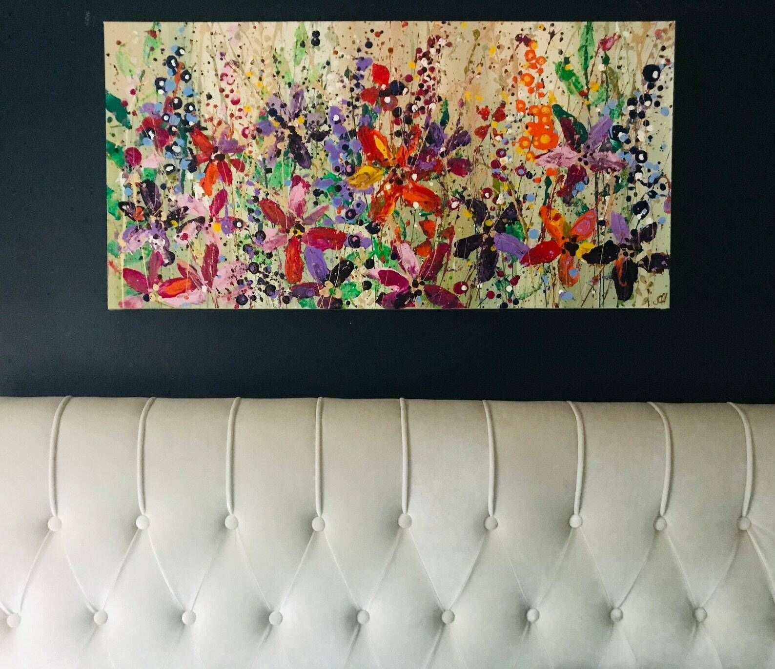 Margot..Hand Painted Original Acrylic Floral Art On Canvas 100cm X 50cm photo furniture