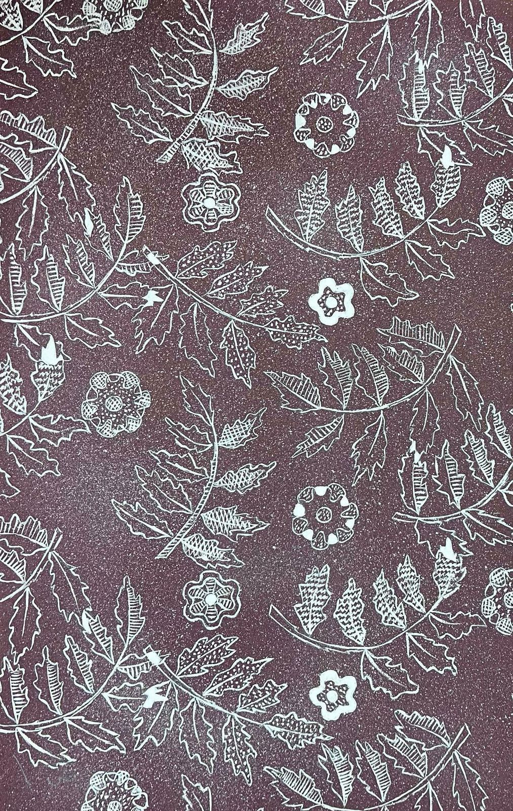 Josine Vignonmid Century French Illustration Leafs On Purple Paper Wallpaper Design1950s photo for sale