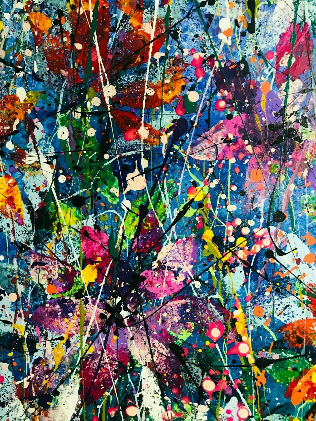 Art Scarlett.Extra Large Hand Painted Watercolour And Acrylic Floral Abstract On Canvas 120cm X 180cm Blue/Green/Pink/Red photo