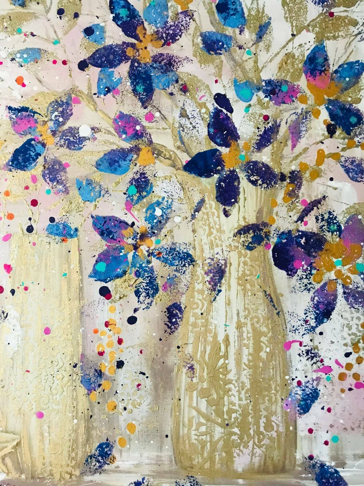 Willow.Hand Painted Original Acrylic Vase Floral Art On A Up Cycled Deep Edge Wooden Board/Canvas 90cmx90cm. Pink/Blue/Purple/Gold photo Art