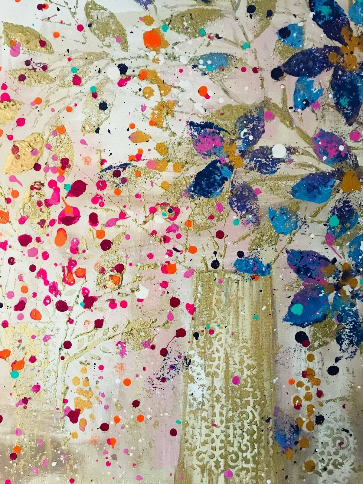 Willow.Hand Painted Original Acrylic Vase Floral Art On A Up Cycled Deep Edge Wooden Board/Canvas 90cmx90cm. Pink/Blue/Purple/Gold photo 595.0