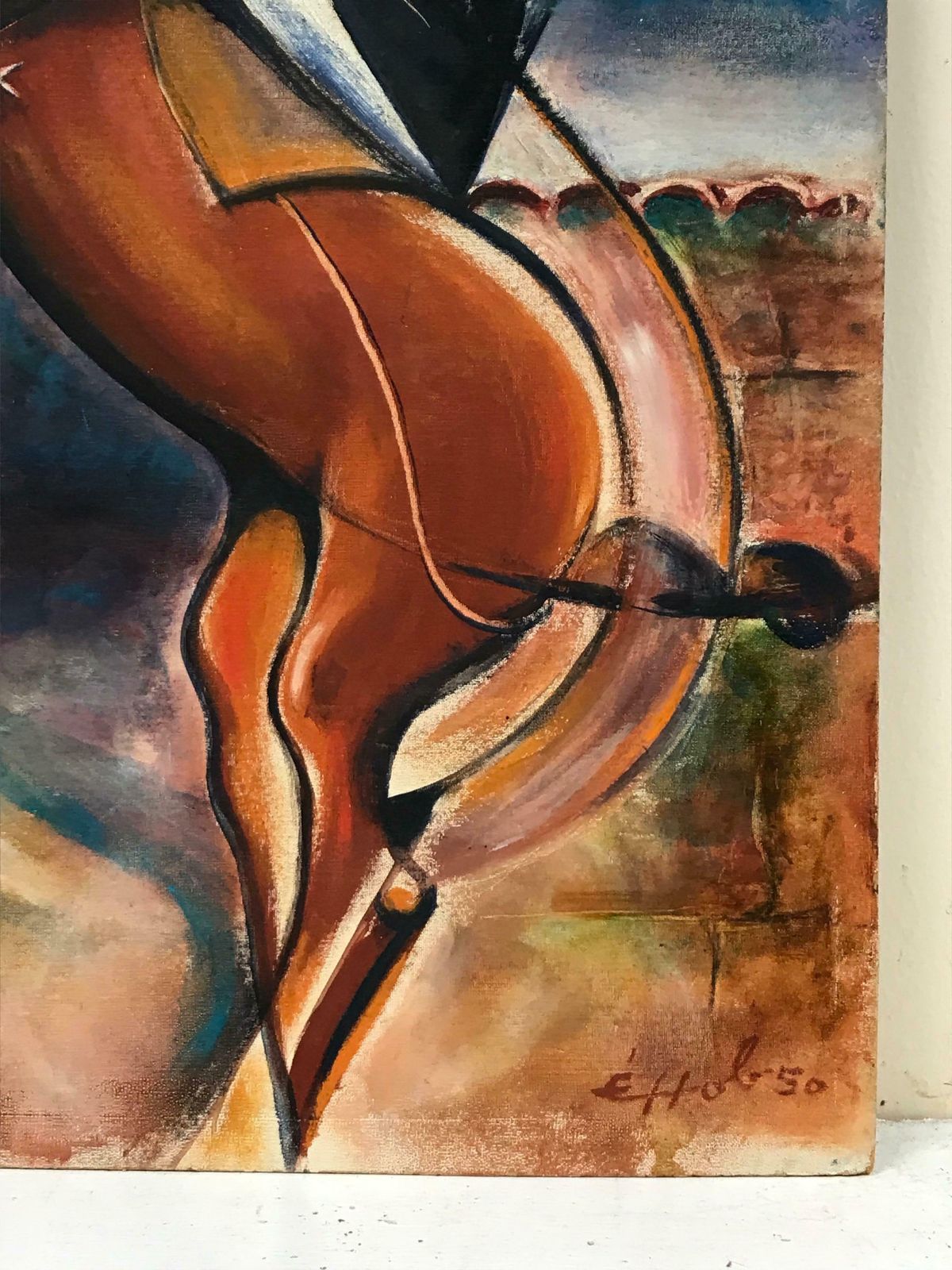 French School1950's French/ Spanish Signed Oil   Modernist Prancing Horse In Landscapec. 1950 photo 2244.0