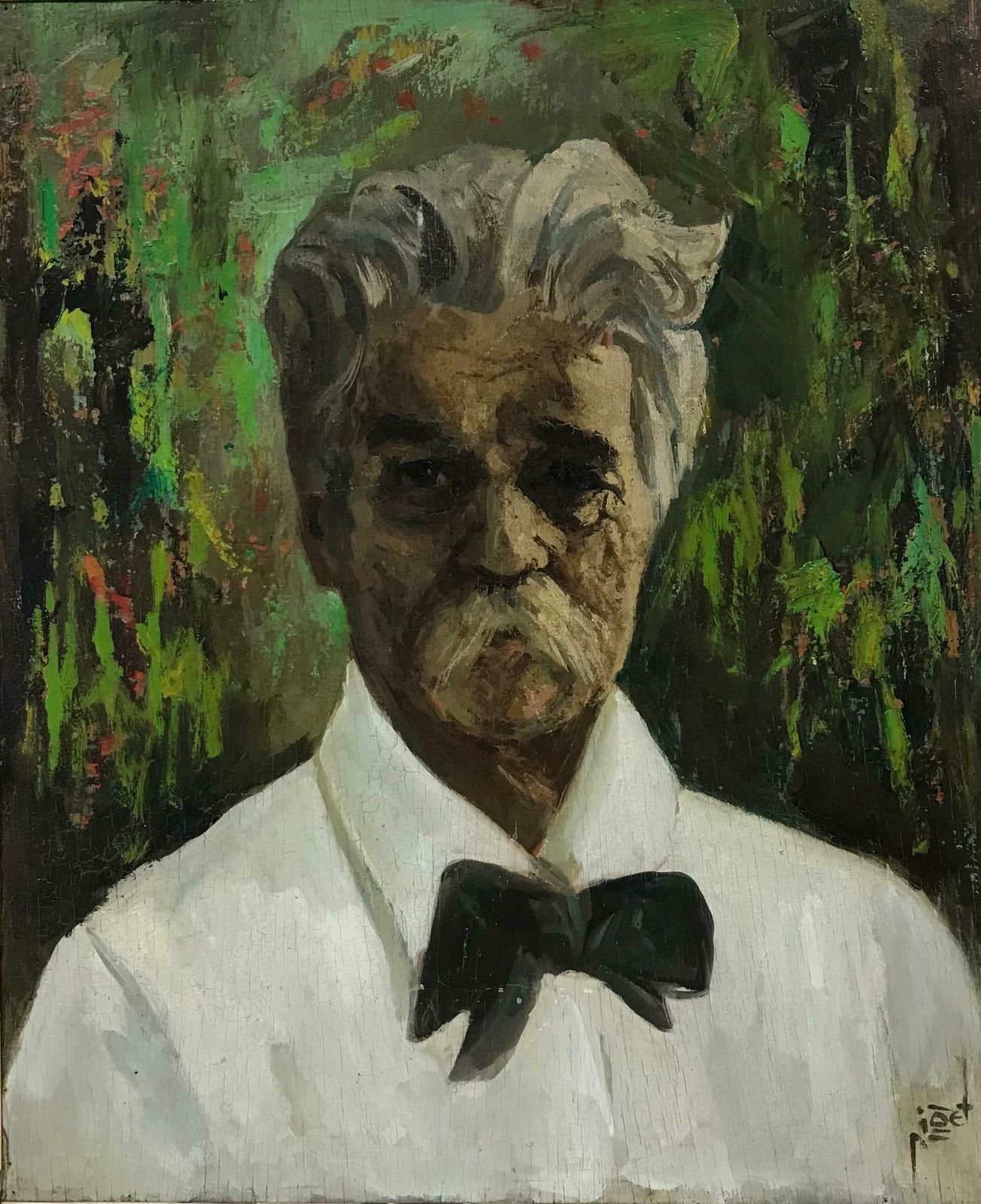 French School1950's French Signed Oil, Portrait Of A Man With Mustache & Bow Tie, Green C. 1950's