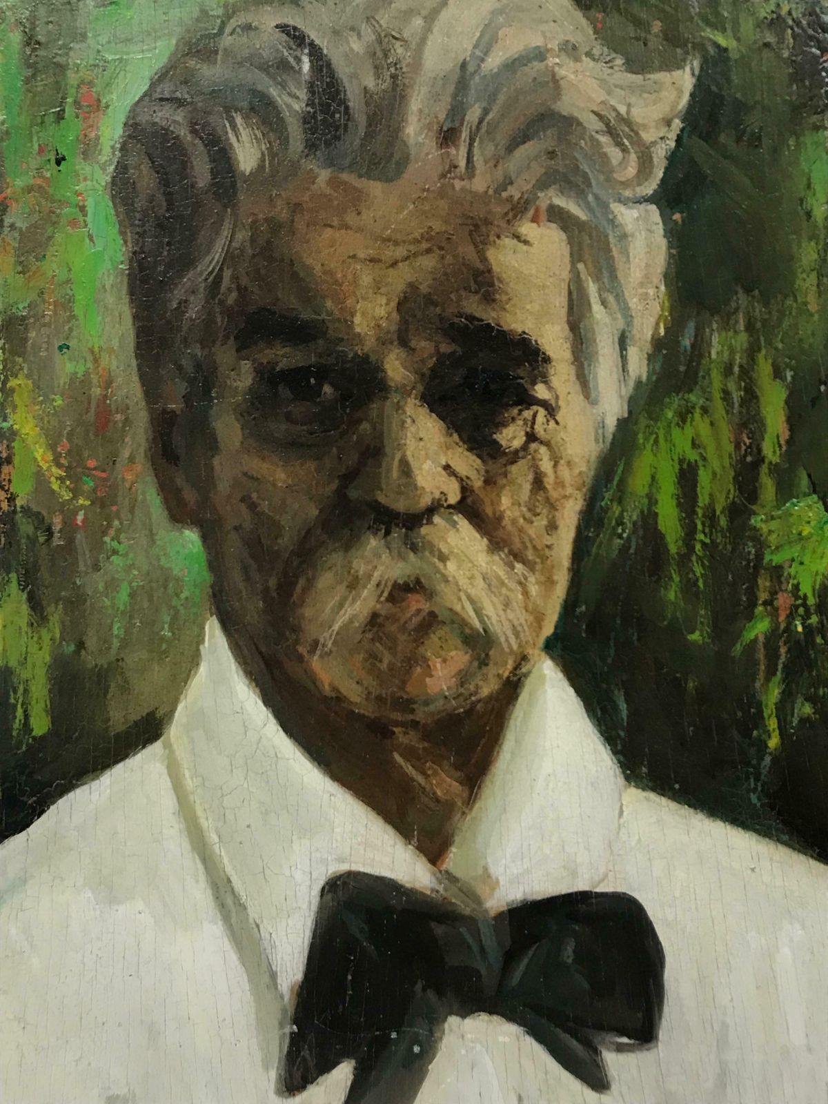 French School1950's French Signed Oil, Portrait Of A Man With Mustache & Bow Tie, Green C. 1950's photo for sale