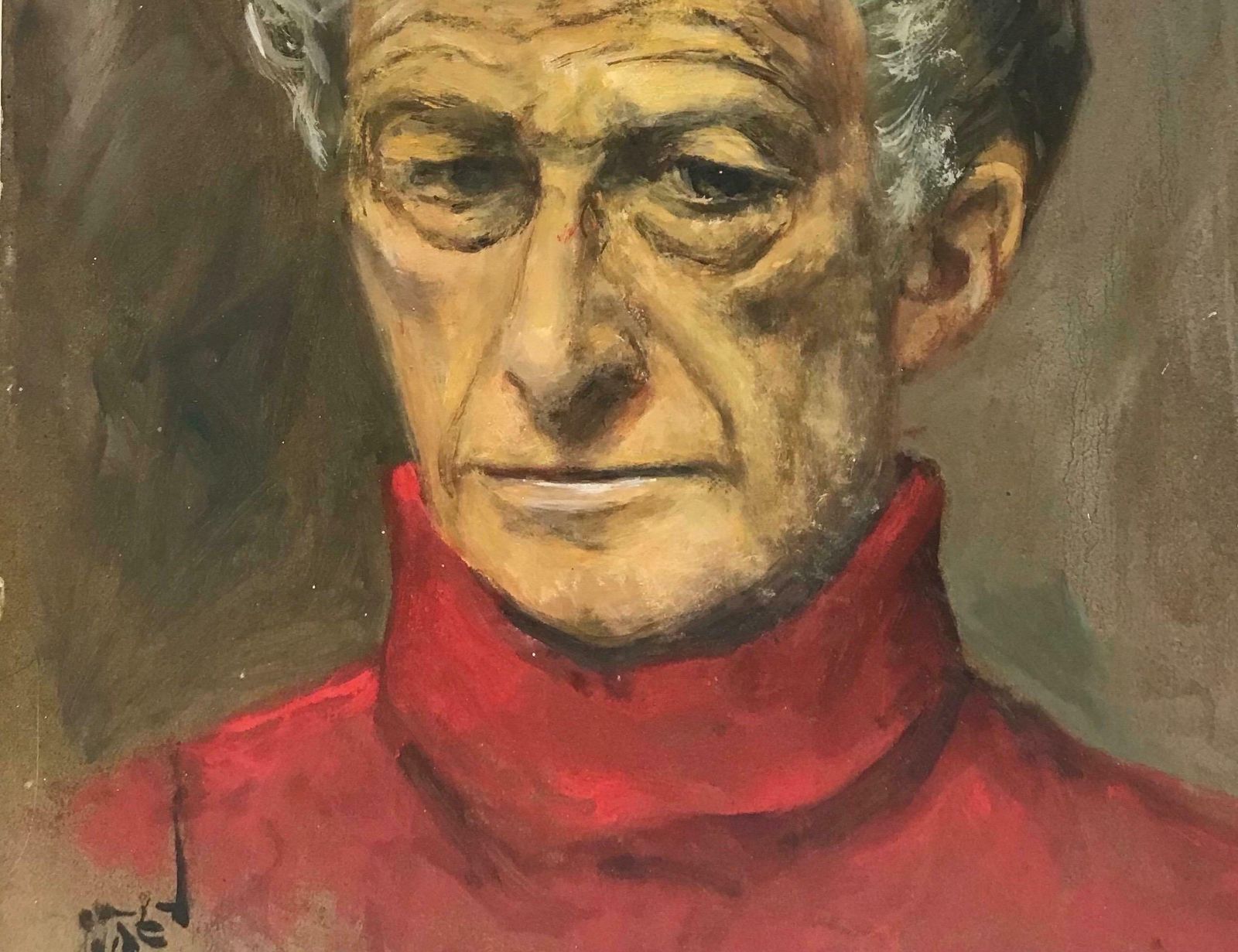 1980's Frenchportrait Of Distinguished Man In Red Polo Neck Sweater, Signed Oil Painting photo vinterior