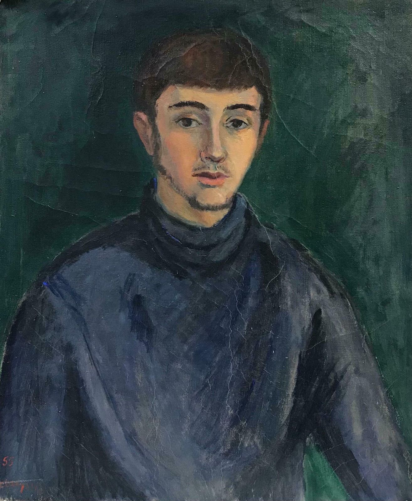 20th Century French School1950's French Signed Oil, Portrait Of Young Man In Blue Jersey
