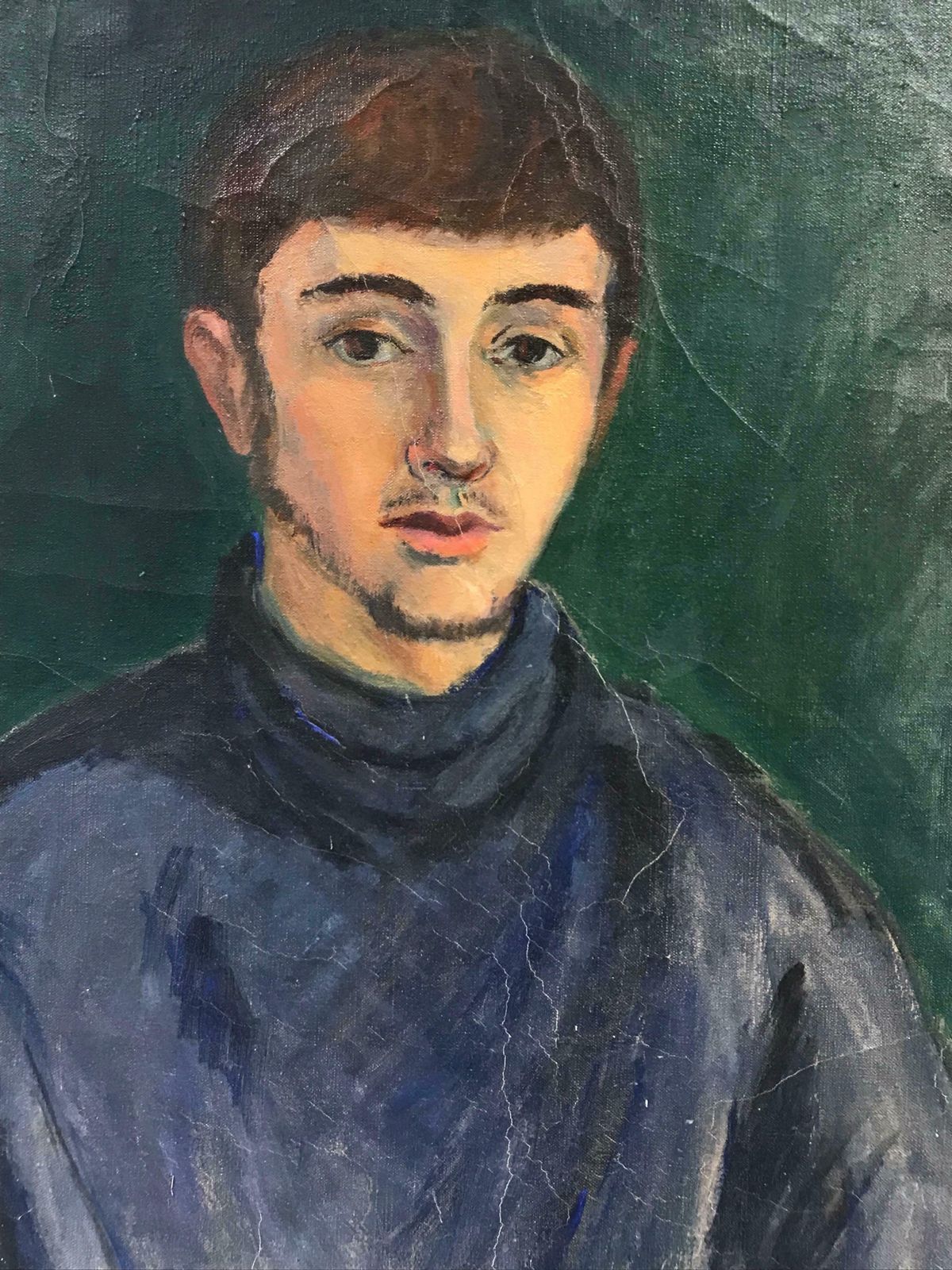 20th Century French School1950's French Signed Oil, Portrait Of Young Man In Blue Jersey photo for sale