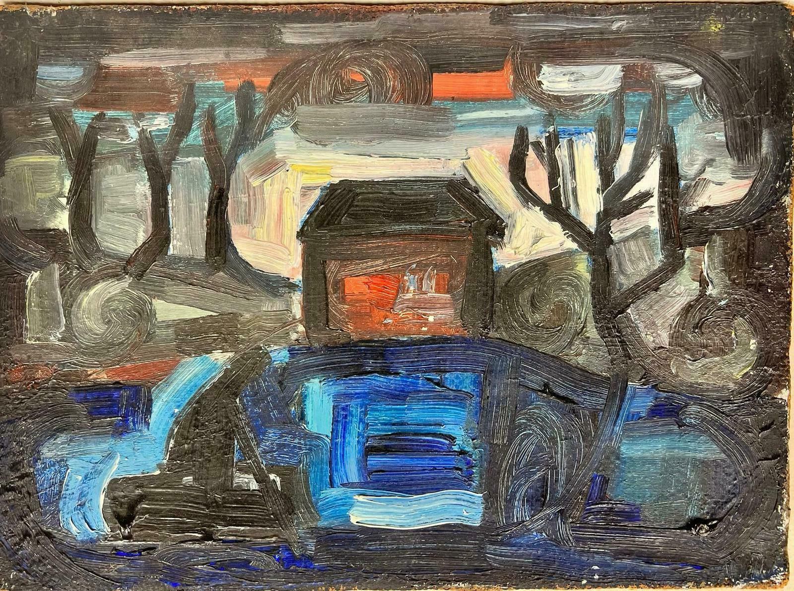 French School1950’s French Expressionist Oil Dusk Landscape House & Bare Trees