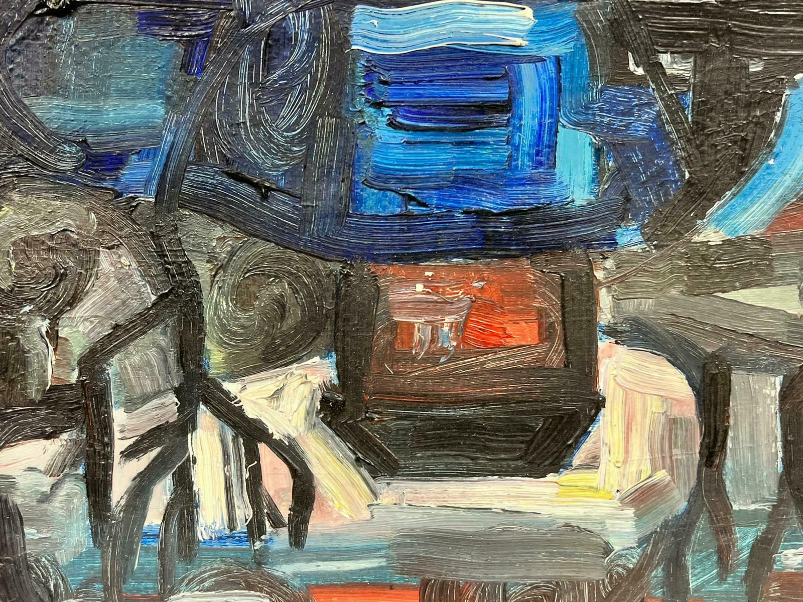 French School1950’s French Expressionist Oil Dusk Landscape House & Bare Trees photo furniture