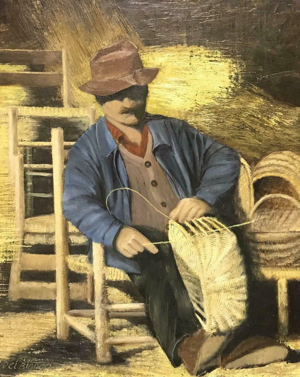 Louis Del Bianco (B.1925the Basket Weaver   Vintage French Signed Oil Portrait Of Man Making Baskets20th Century