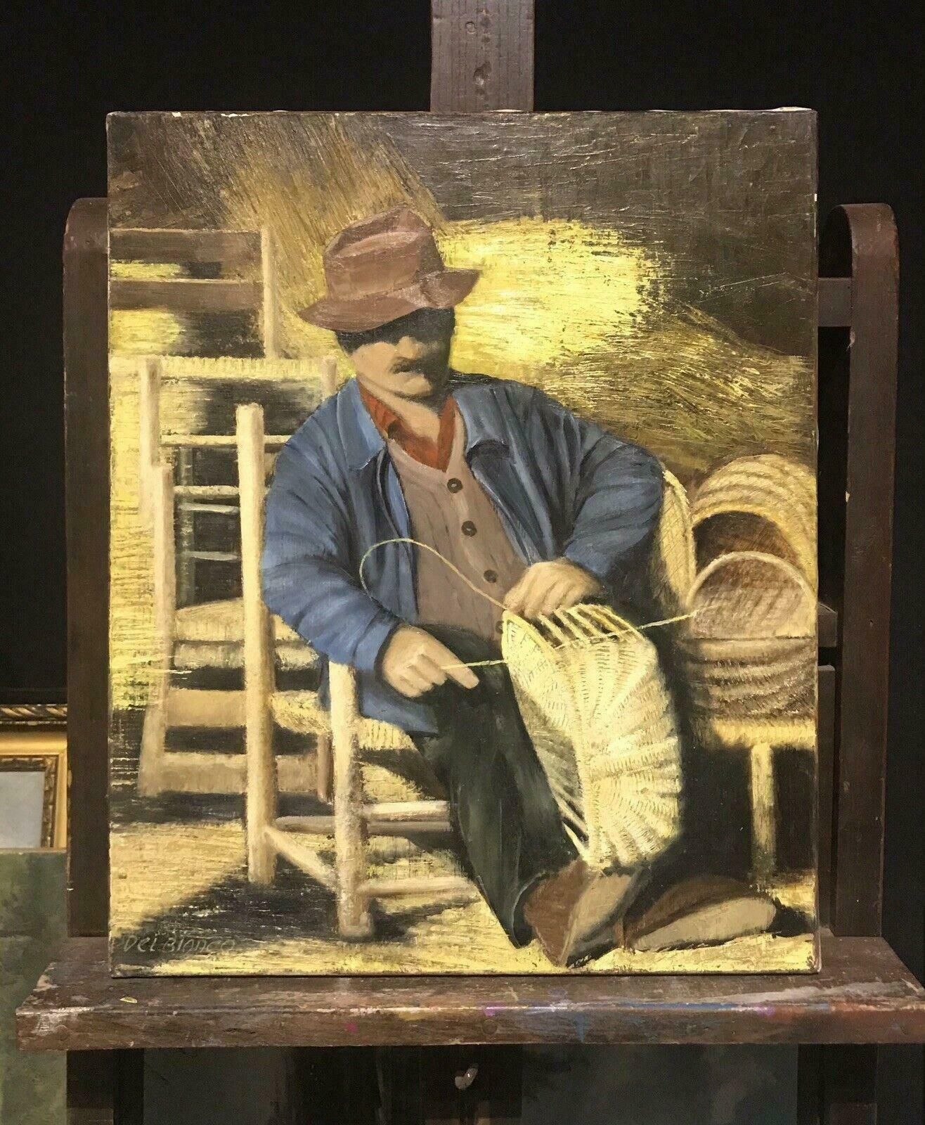 Louis Del Bianco (B.1925the Basket Weaver   Vintage French Signed Oil Portrait Of Man Making Baskets20th Century photo furniture