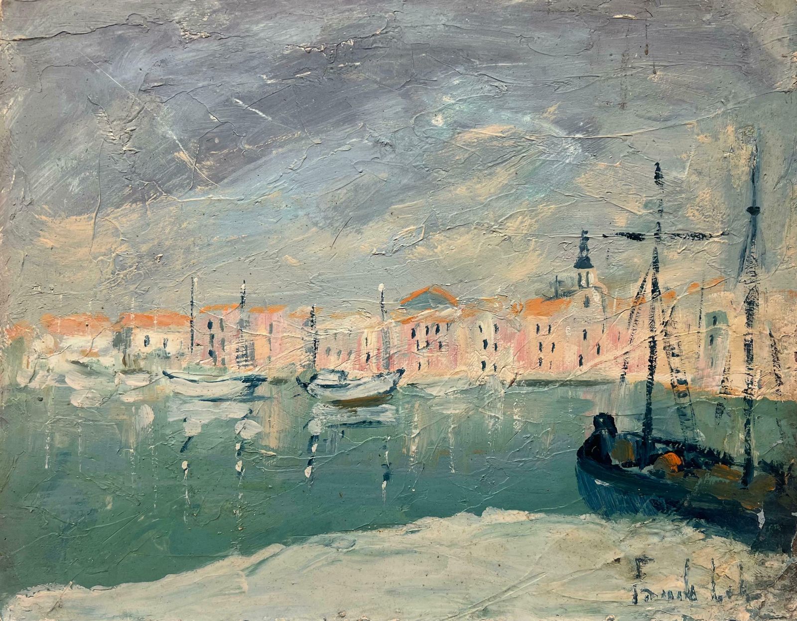 Fanch Lelmid 20th Century Impressionist Coastal View Tranquil Harbor Scene With Sailboats20th Century