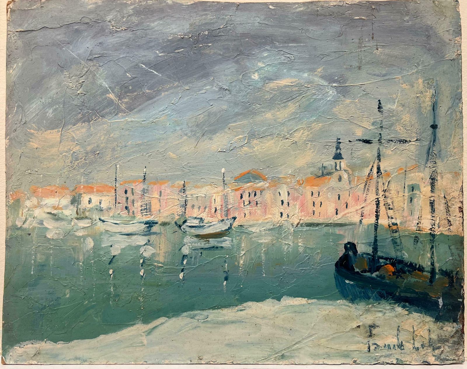 Fanch Lelmid 20th Century Impressionist Coastal View Tranquil Harbor Scene With Sailboats20th Century photo furniture