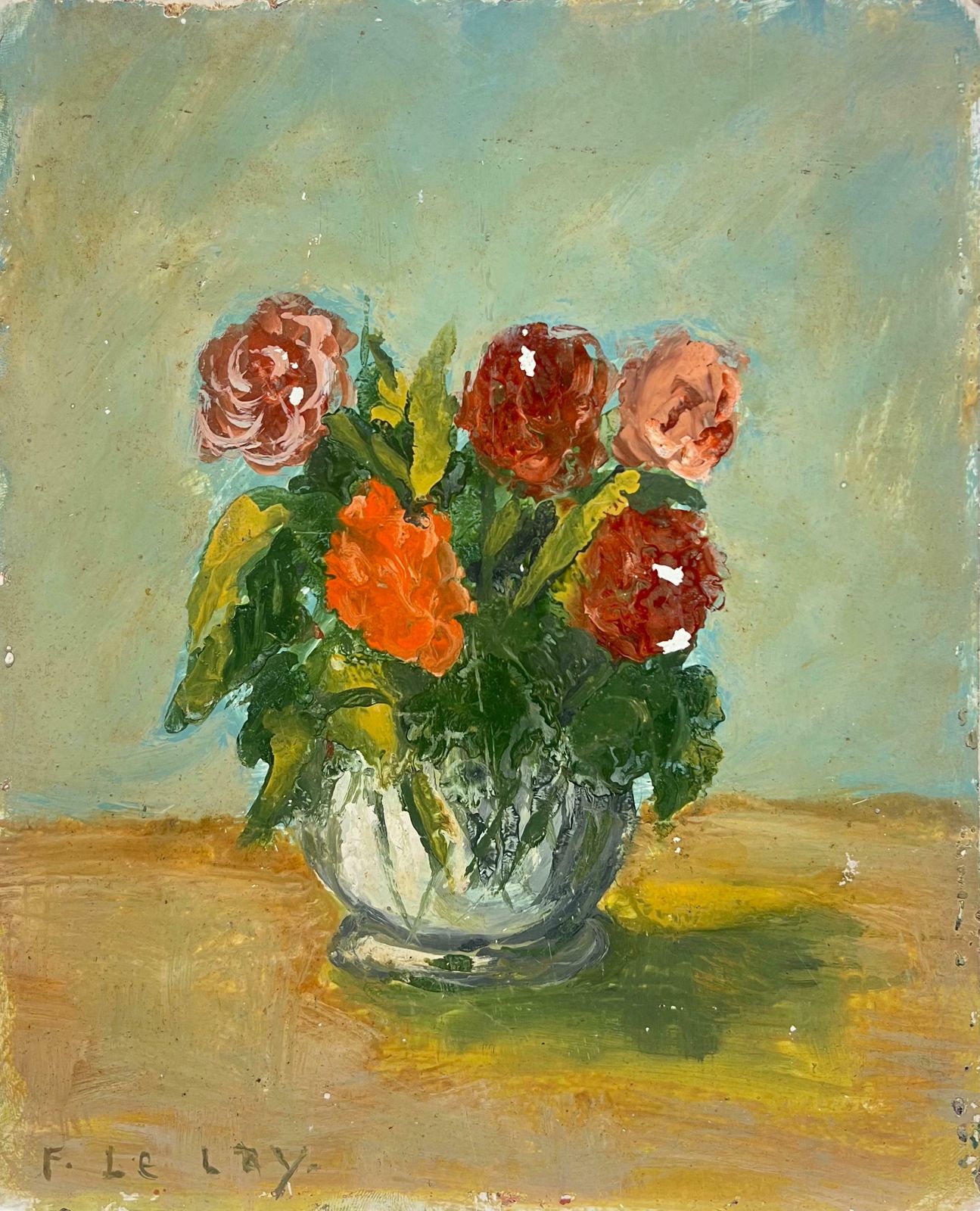 Fanch Lelvibrant Bouquet Of Roses And Carnations In A Glass Vase Still Life Mid Century20th Century photo furniture