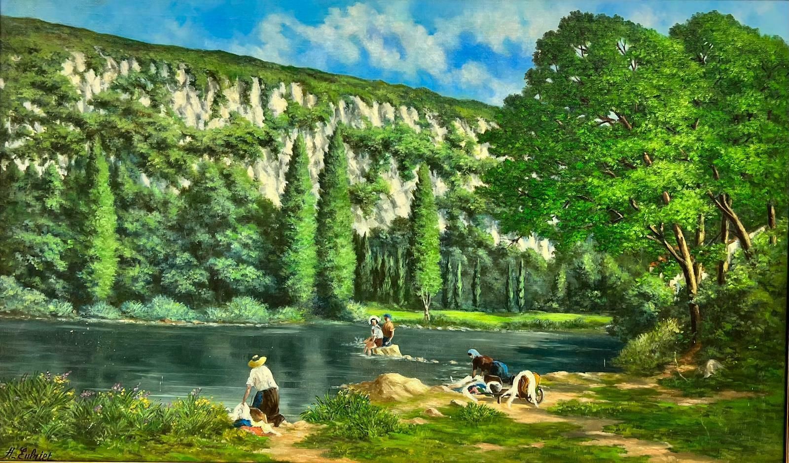 French Schoolhuge 1950's French Signed Oil Figures Bathing In Large River Green Landscape1950's