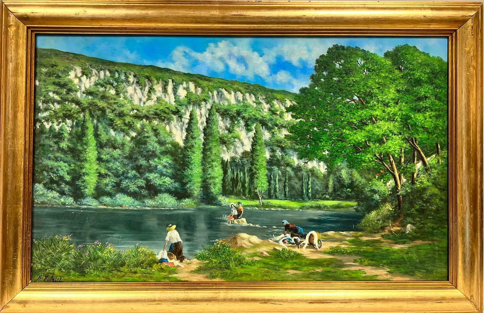 French Schoolhuge 1950's French Signed Oil Figures Bathing In Large River Green Landscape1950's photo furniture