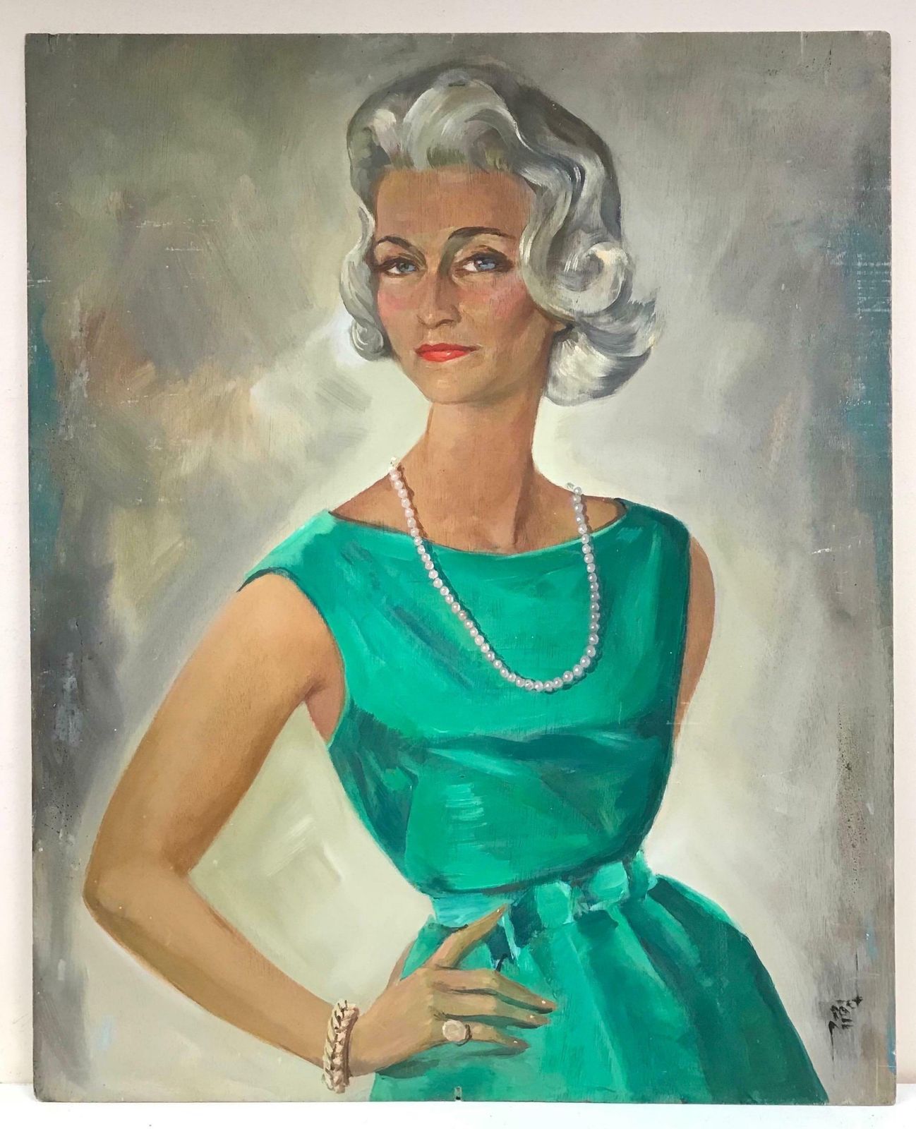 20th Century French Schoolhuge 1960s French Signed Oil   Portrait Of Fashionable Woman Emerald Green Dressc. 1960's photo furniture