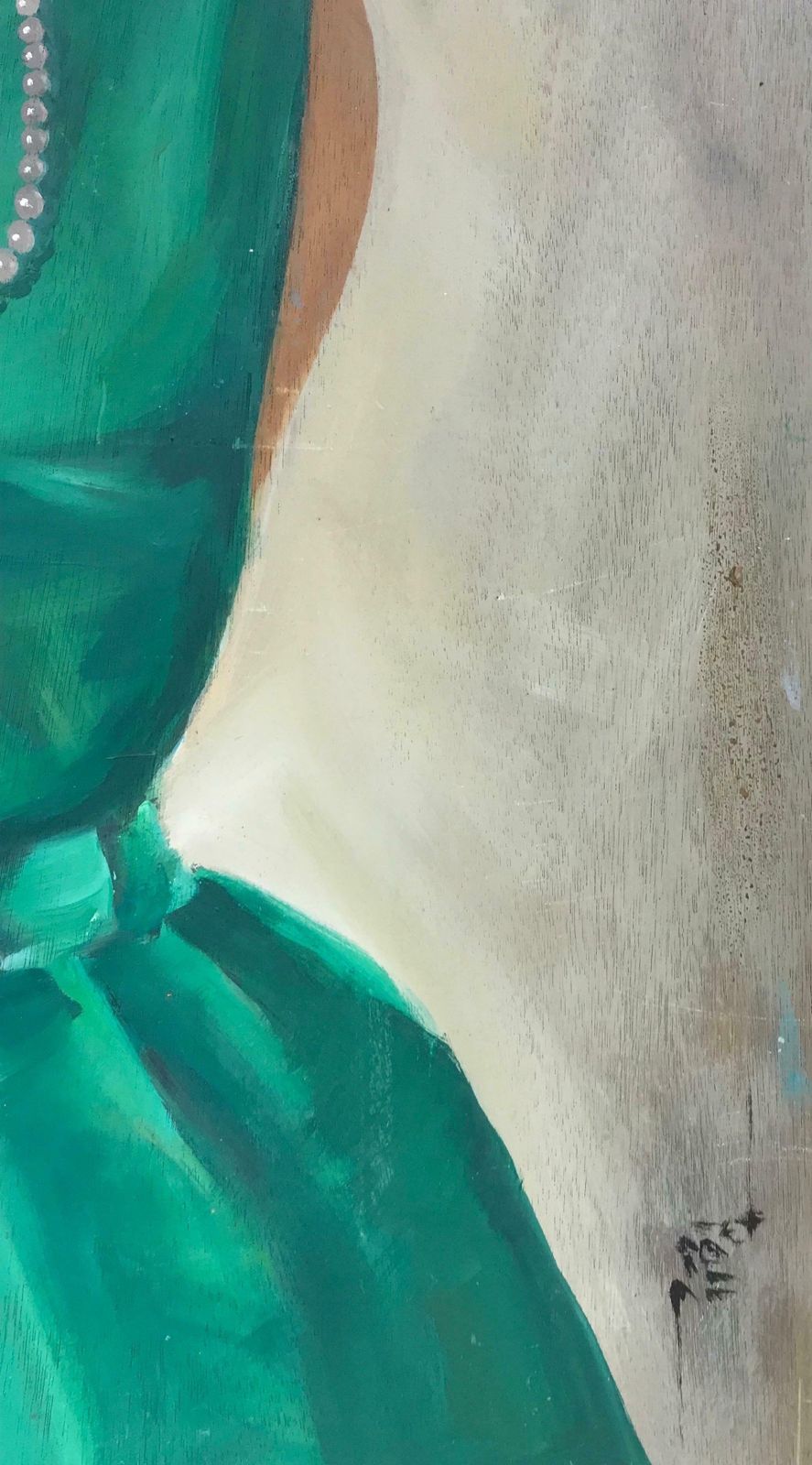 20th Century French Schoolhuge 1960s French Signed Oil   Portrait Of Fashionable Woman Emerald Green Dressc. 1960's photo vinterior