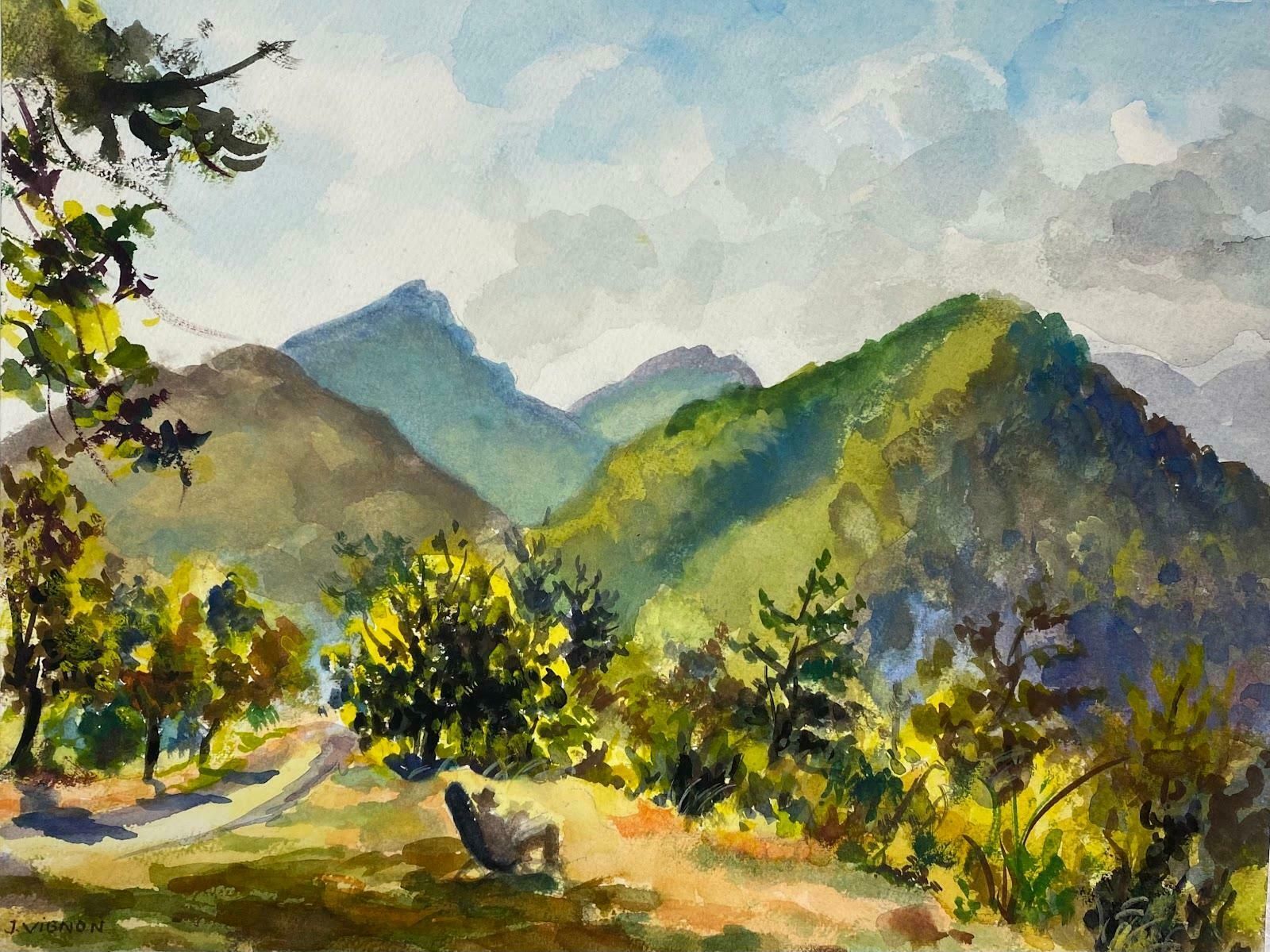 Josine Vignonpost Impressionist French Watercolour Painting The Village Of Thiery, Provence.C.1985