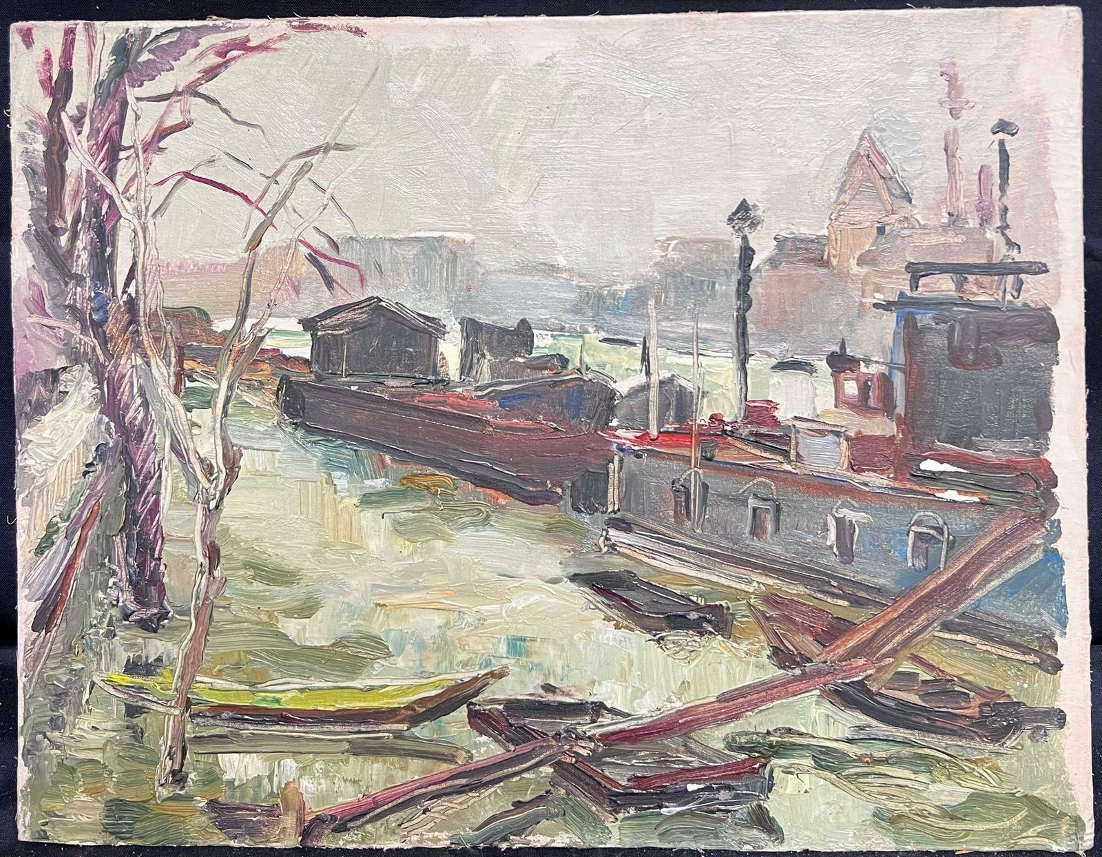 Regine Davidmid 20th Century French Post Impressionist Oil Barge Boats River Seine Paris1950's photo furniture
