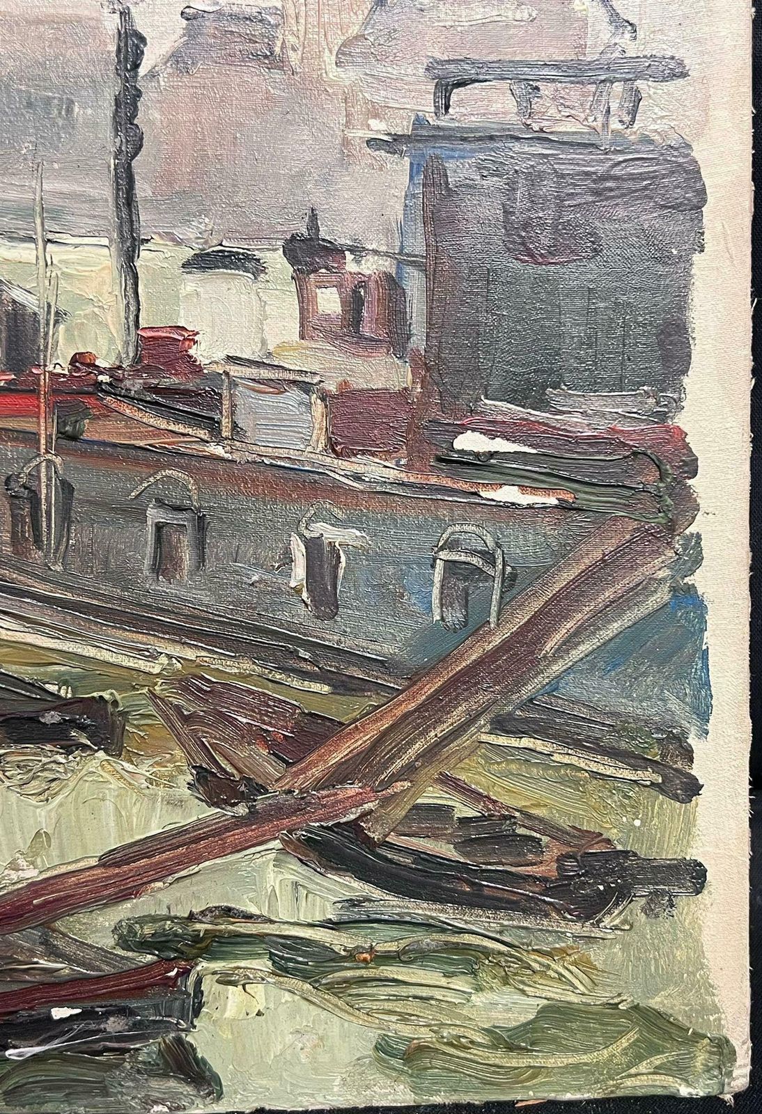 Regine Davidmid 20th Century French Post Impressionist Oil Barge Boats River Seine Paris1950's photo 760.0