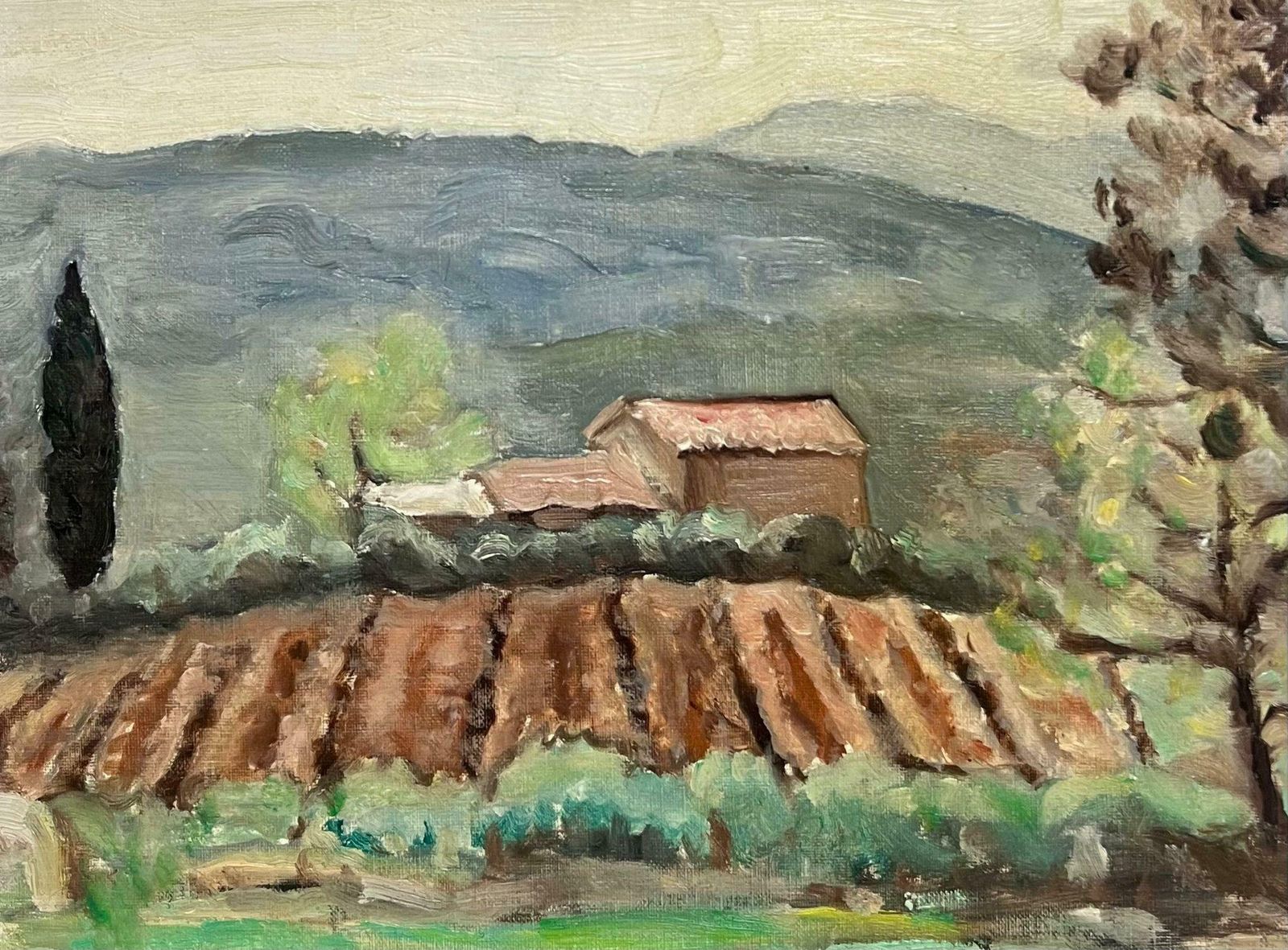 French Schoolmid 20th Century French Post Impressionist Oil Sludgy Green Provence Landscape1960's photo furniture