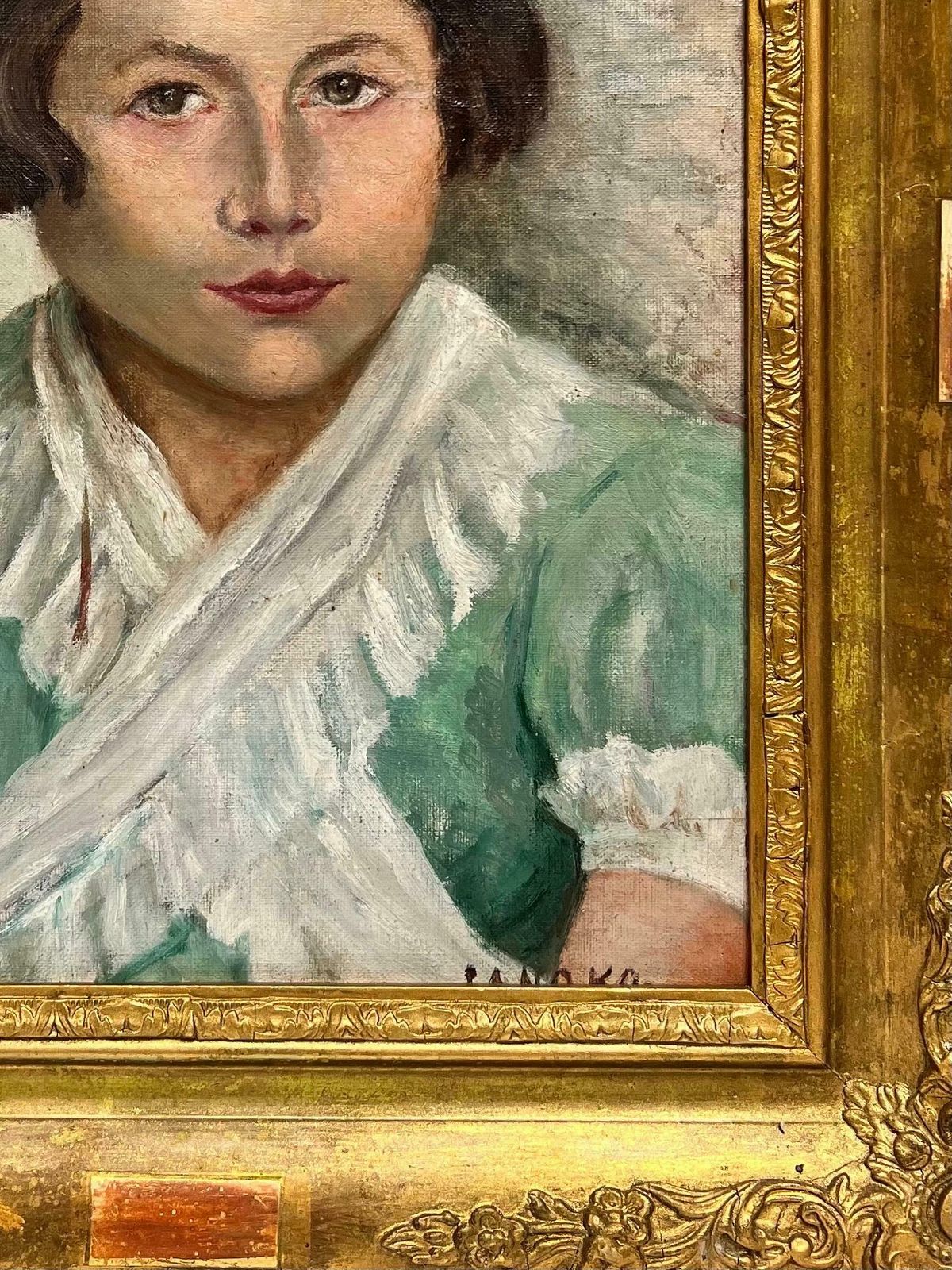 1930's Frenchfrench Impressionist Signed Oil, Portrait Of Young Lady In Turquoise Dress 1930s1930's photo for sale