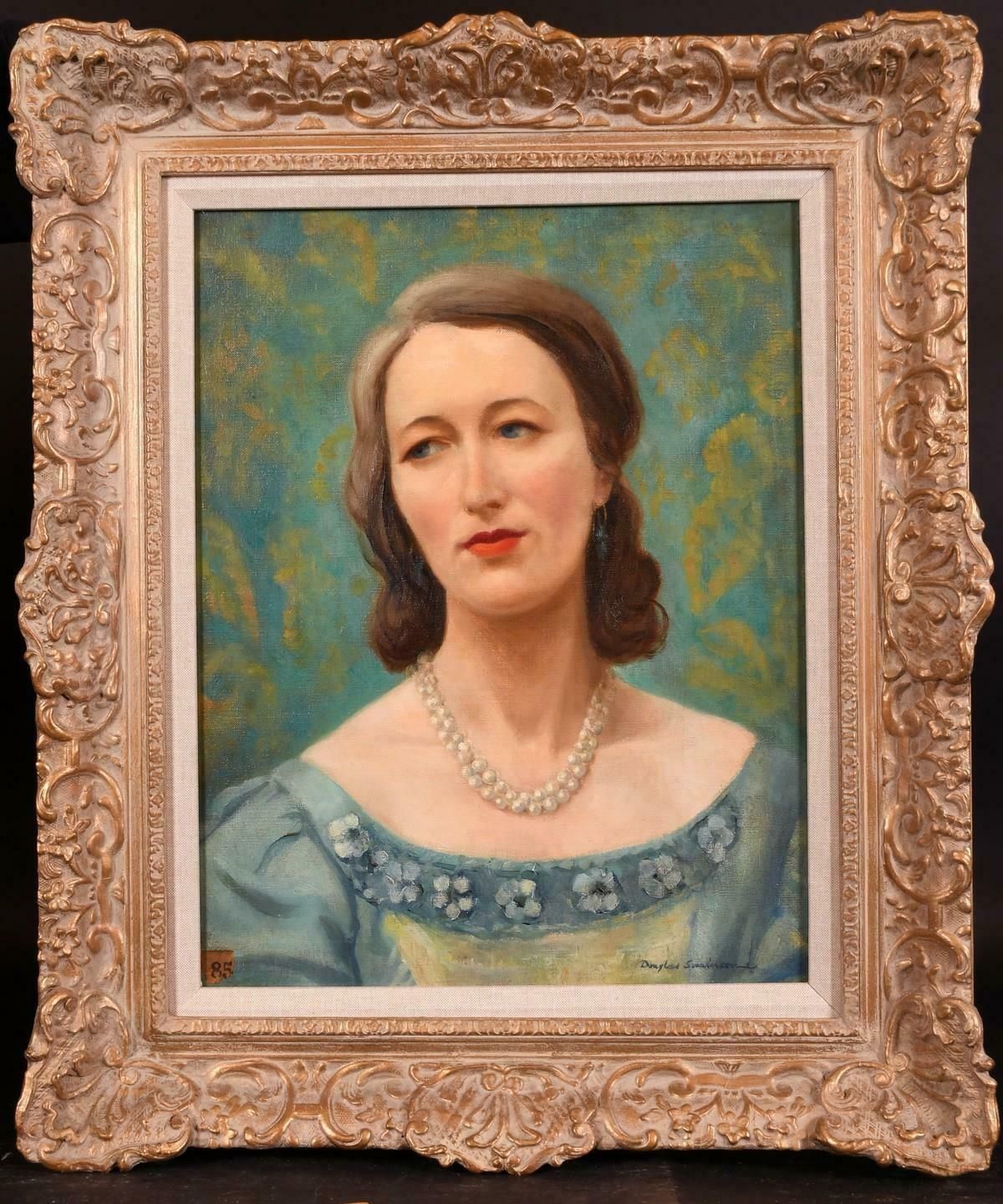 Douglas Swainsonmid 20th Century British Oil   Portrait Of A Lady In Pearl Necklace   Teal Greenc. 1950's photo furniture