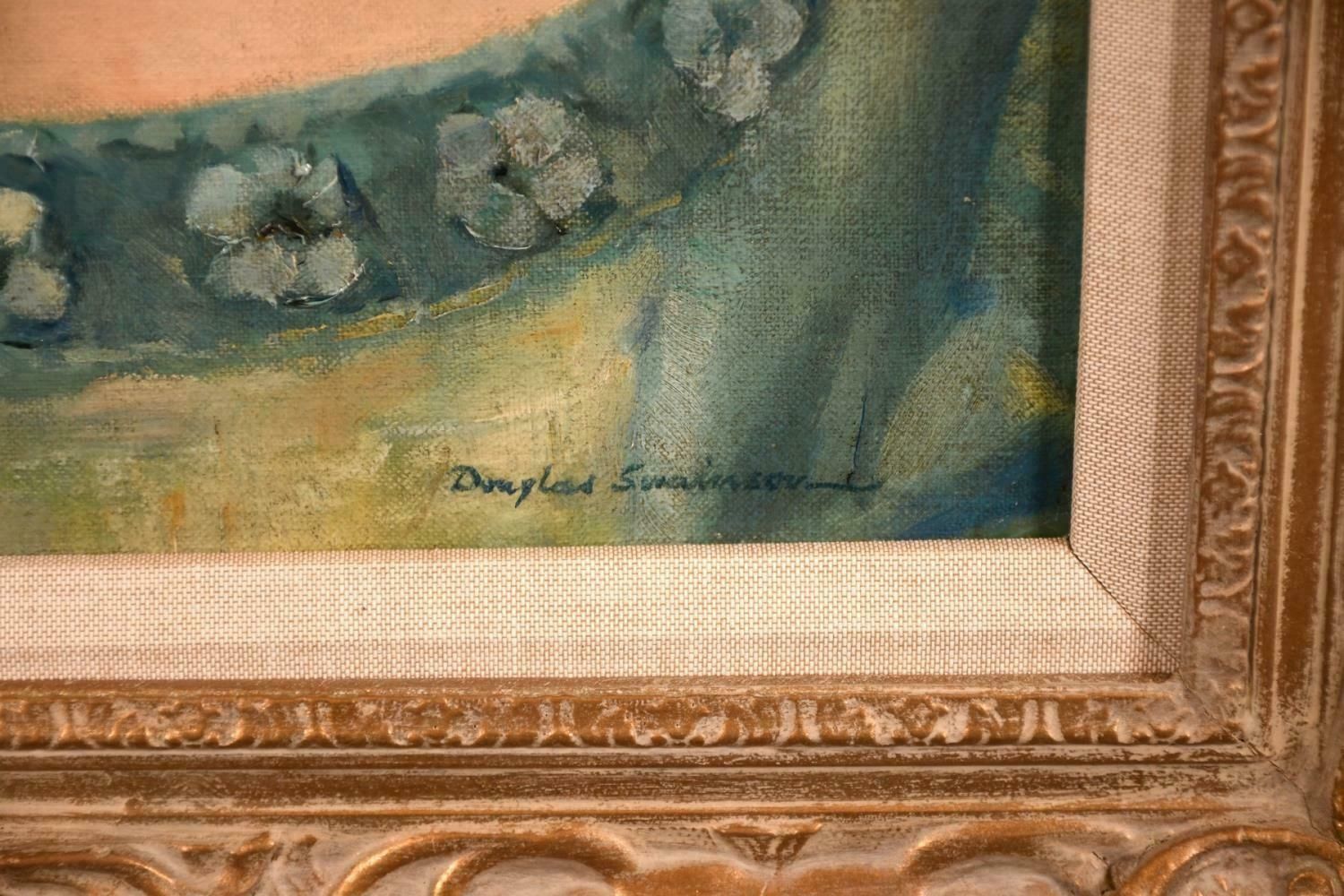 Douglas Swainsonmid 20th Century British Oil   Portrait Of A Lady In Pearl Necklace   Teal Greenc. 1950's photo for sale