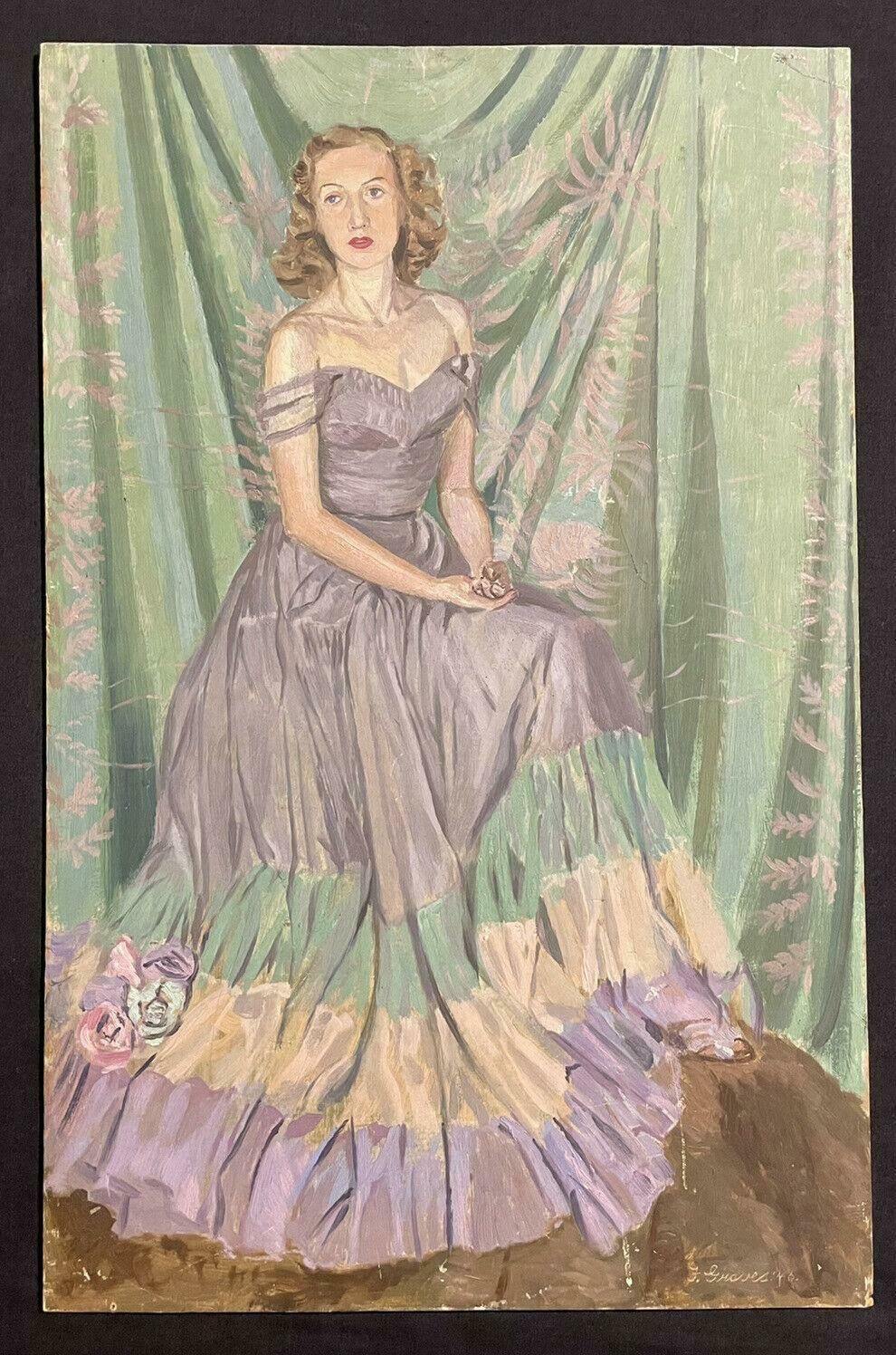 Frank Graves1940's English Signed Oil   Portrait Of A Lady In Elegant Dress   Greens & Pinksc. 1930's photo furniture
