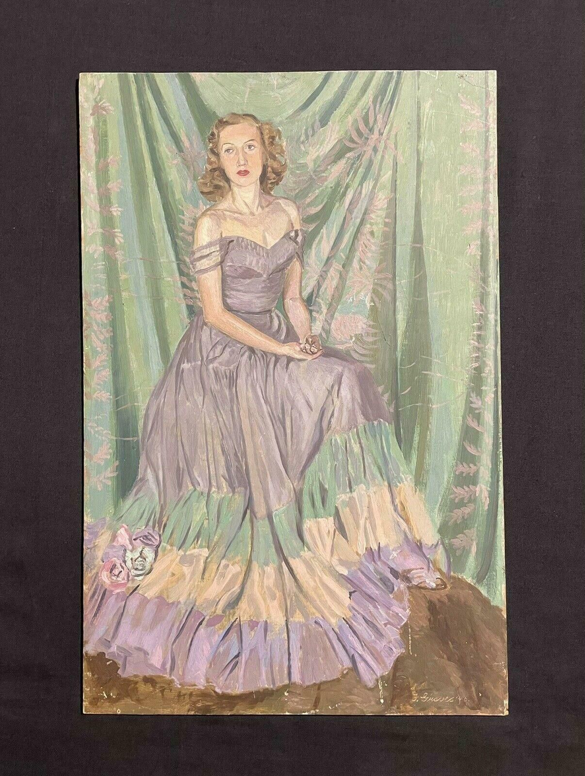 Frank Graves1940's English Signed Oil   Portrait Of A Lady In Elegant Dress   Greens & Pinksc. 1930's photo for sale