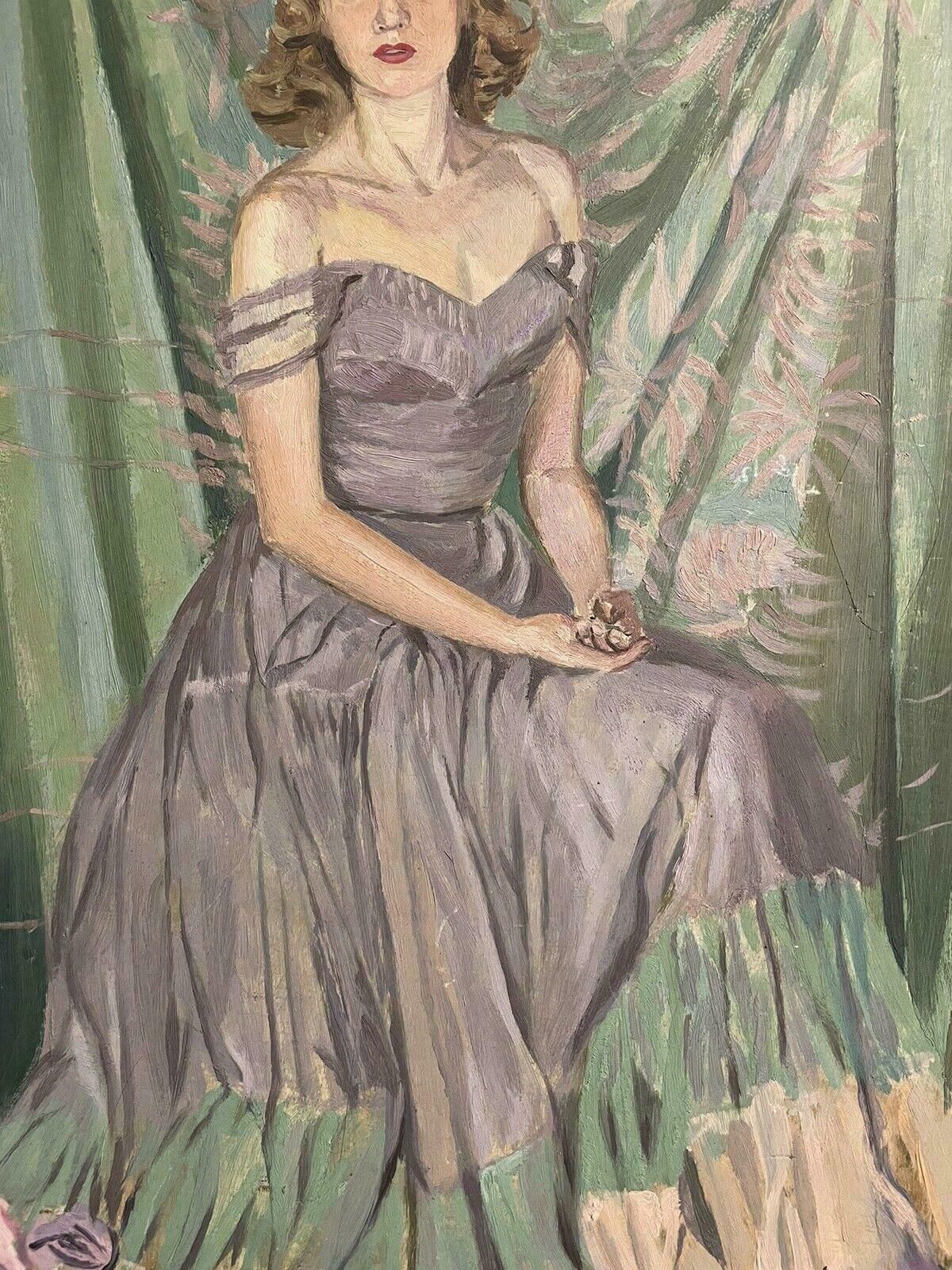 Frank Graves1940's English Signed Oil   Portrait Of A Lady In Elegant Dress   Greens & Pinksc. 1930's photo 867.0