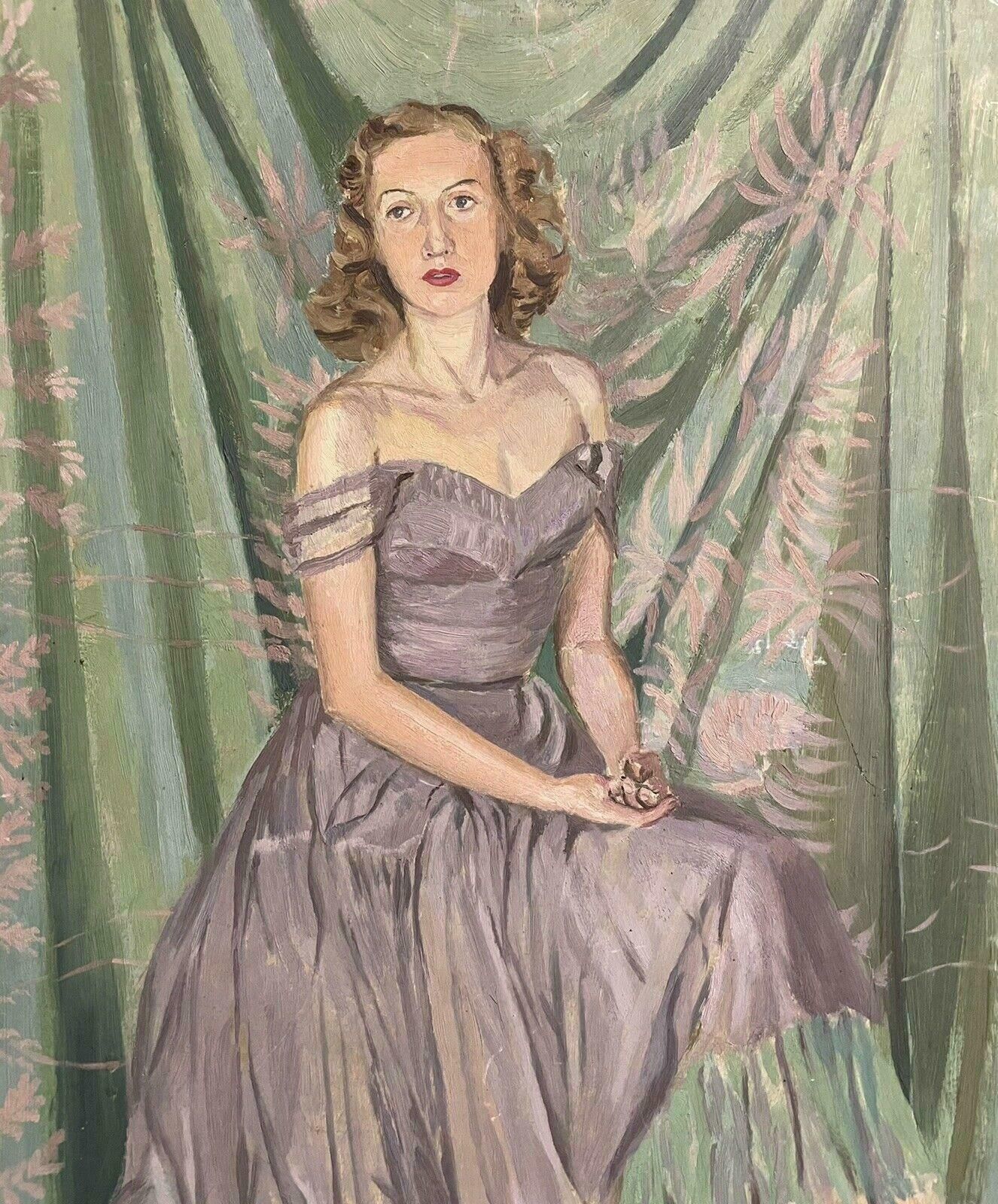 Frank Graves1940's English Signed Oil   Portrait Of A Lady In Elegant Dress   Greens & Pinksc. 1930's photo buy