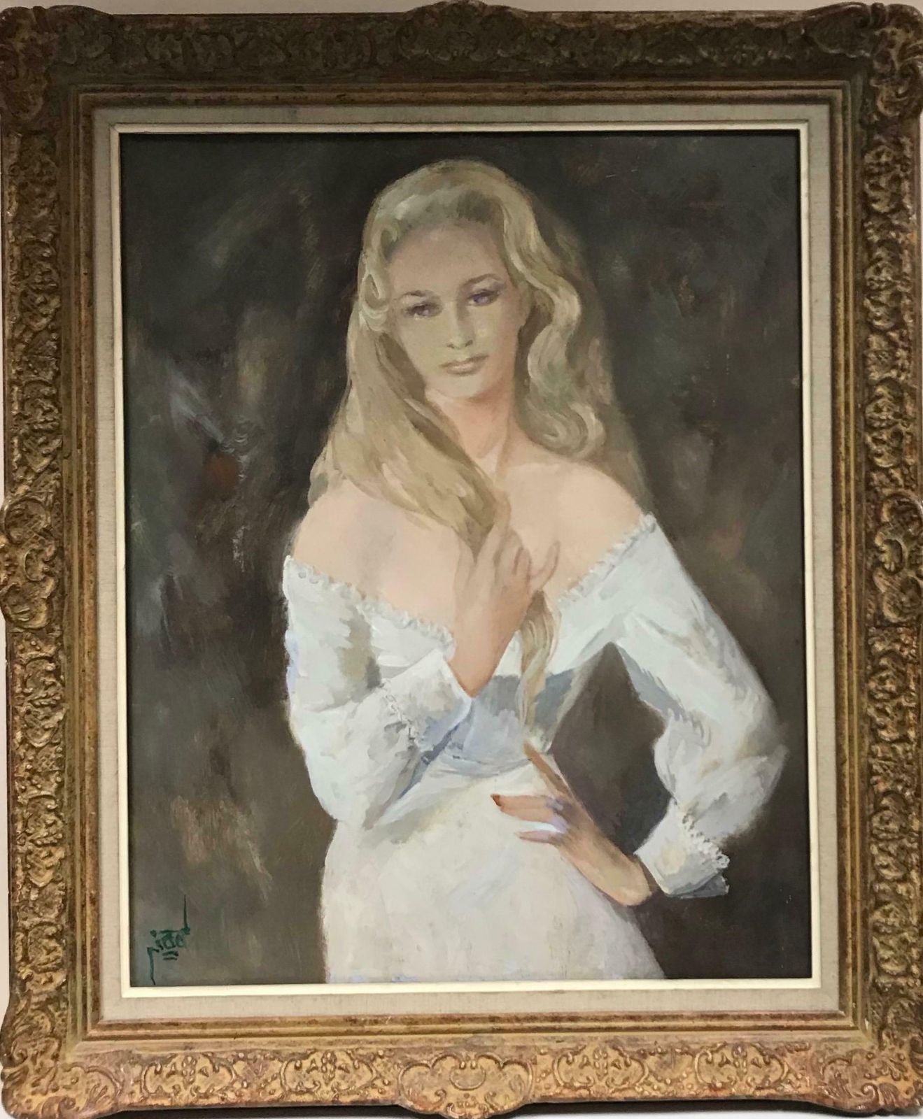 French Schoolvery Large 1960's French Signed Oil   Portrait Of Beautiful Blonde Lady In Whitec. 1960's